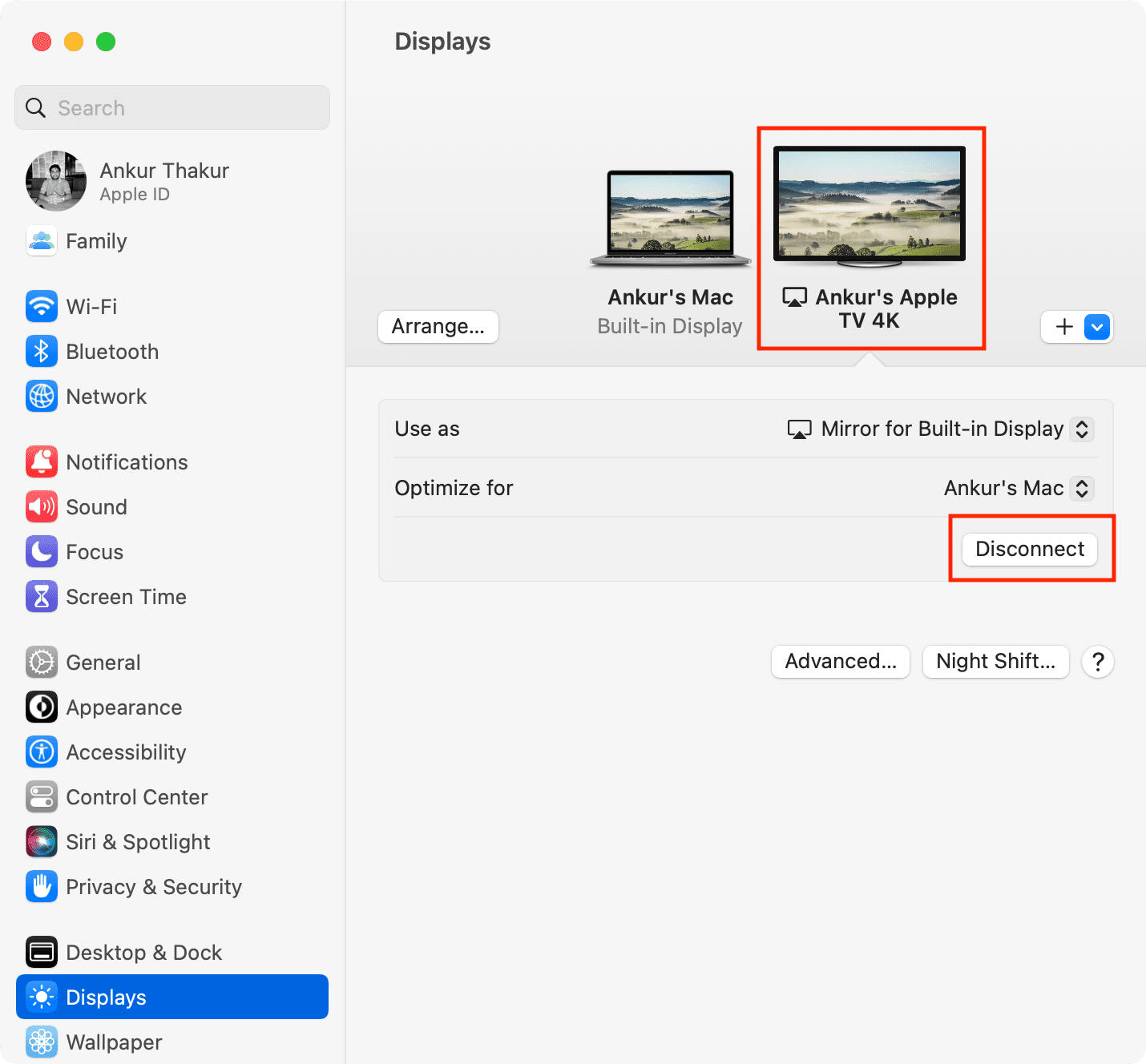 Disconnect Mac and Apple TV from System Settings