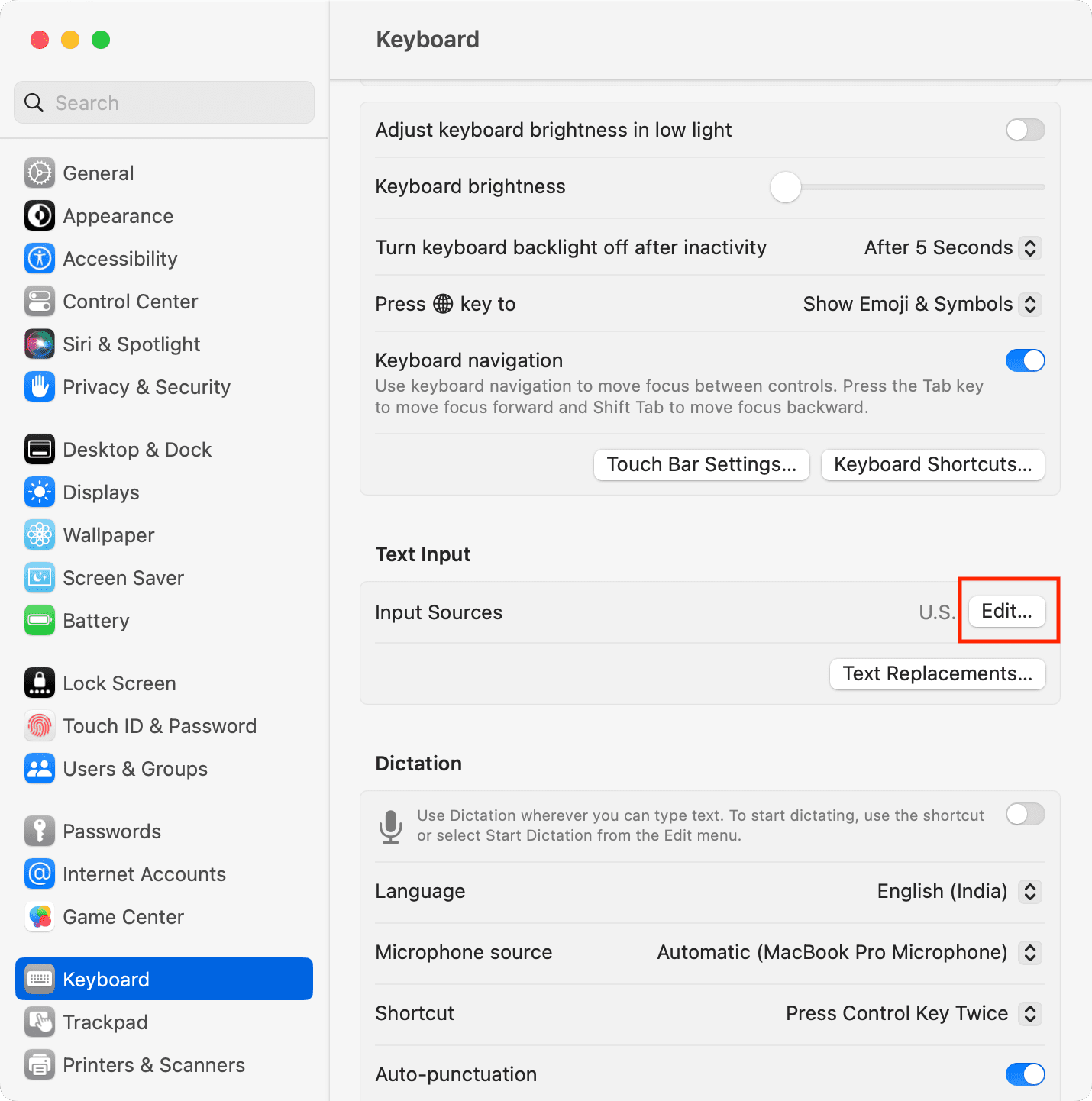 Edit Input Sources in Mac Keyboard settings
