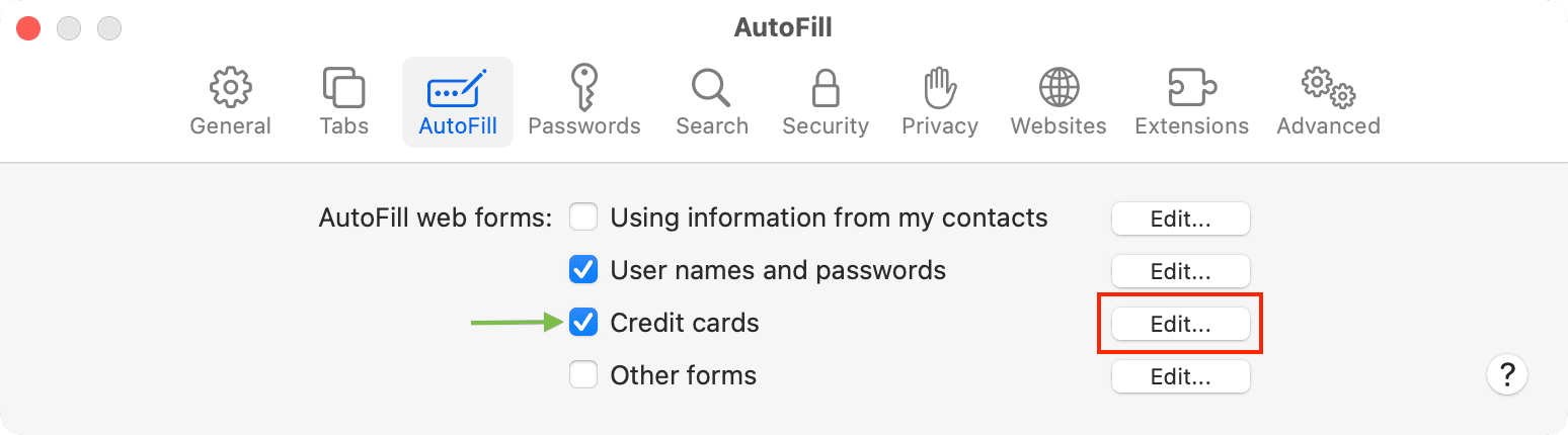 Edit credit cards in Safari AutoFill on Mac