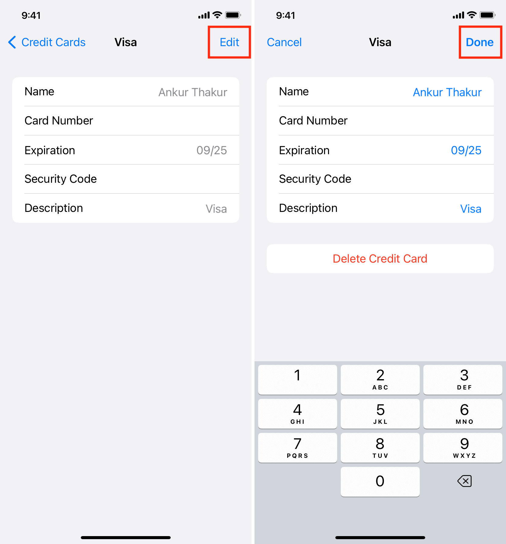 Edit saved credit card details for Safari on iPhone