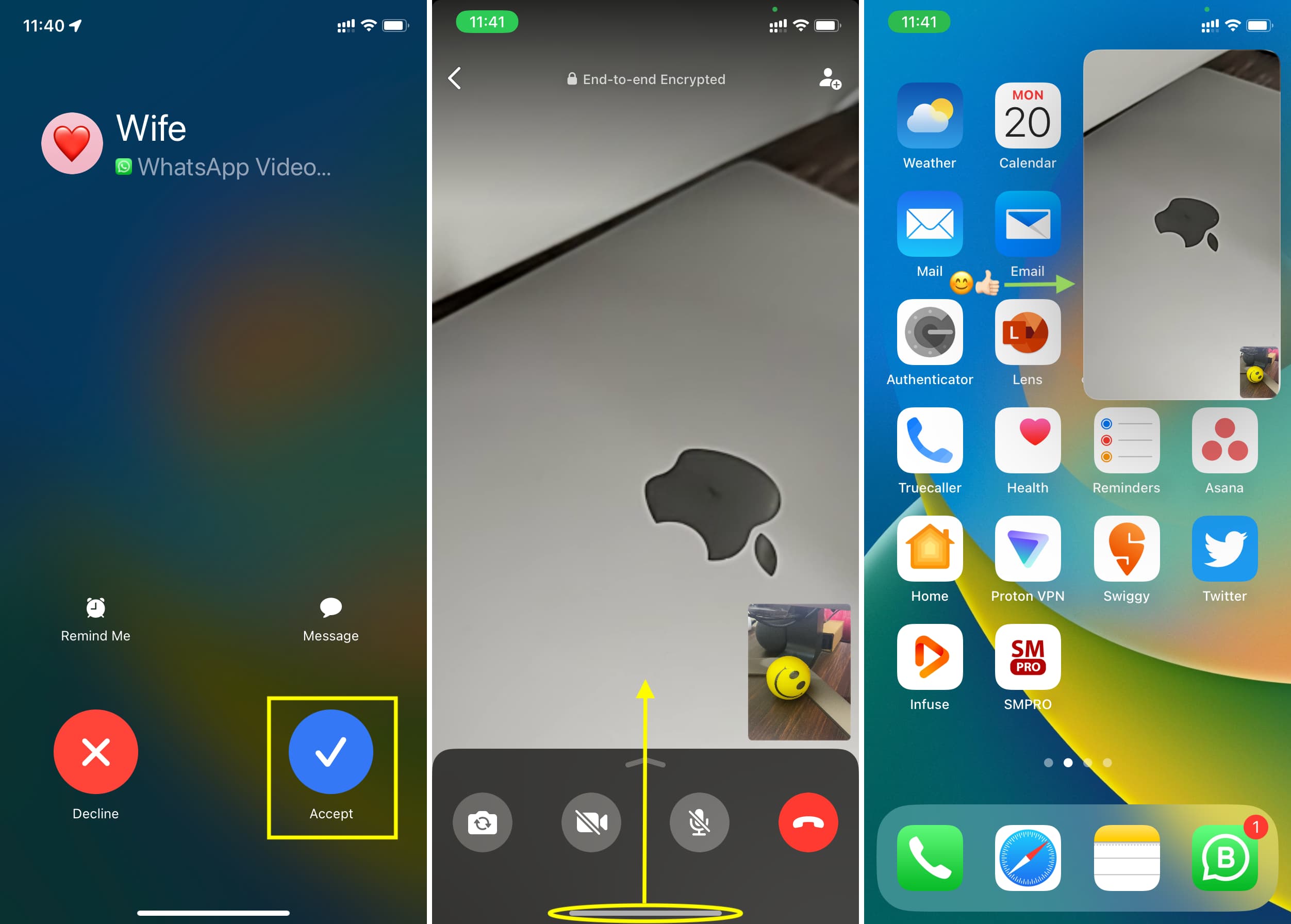Tiga tangkapan layar yang disorot menunjukkan cara memasukkan gambar dalam gambar untuk panggilan video WhatsApp di iPhone