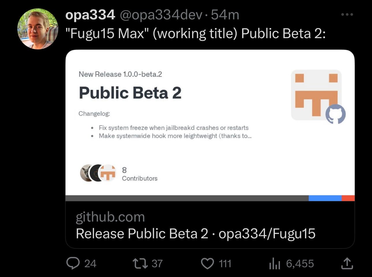 Opa334 seeds second public beta of Fugu15 Max jailbreak.
