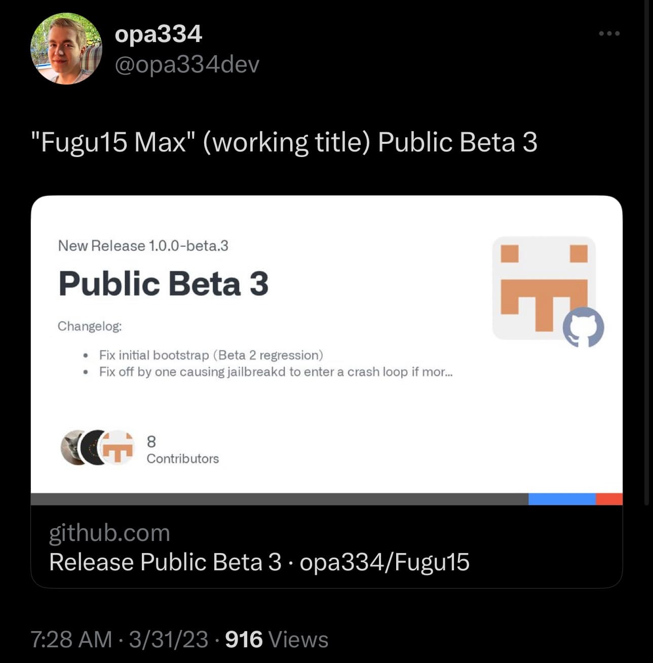 Opa334 releases third Fugu15 Max public beta.
