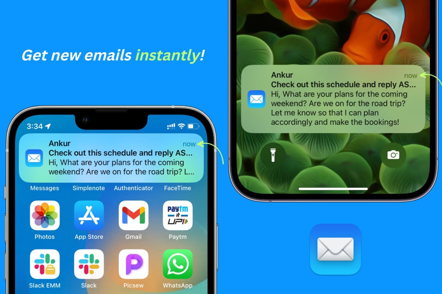Two iPhone screenshots showing new email notifications from the Mail app without any delay