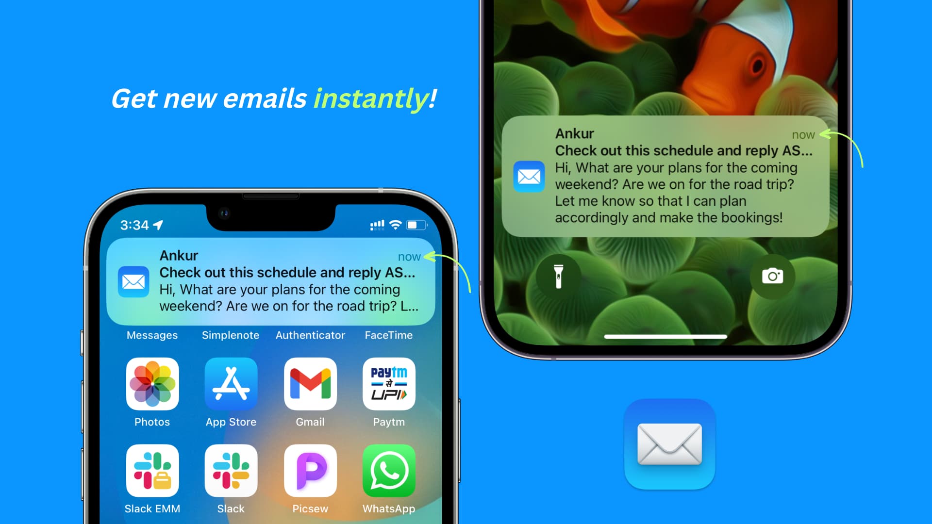 Two iPhone screenshots showing new email notifications from the Mail app without any delay