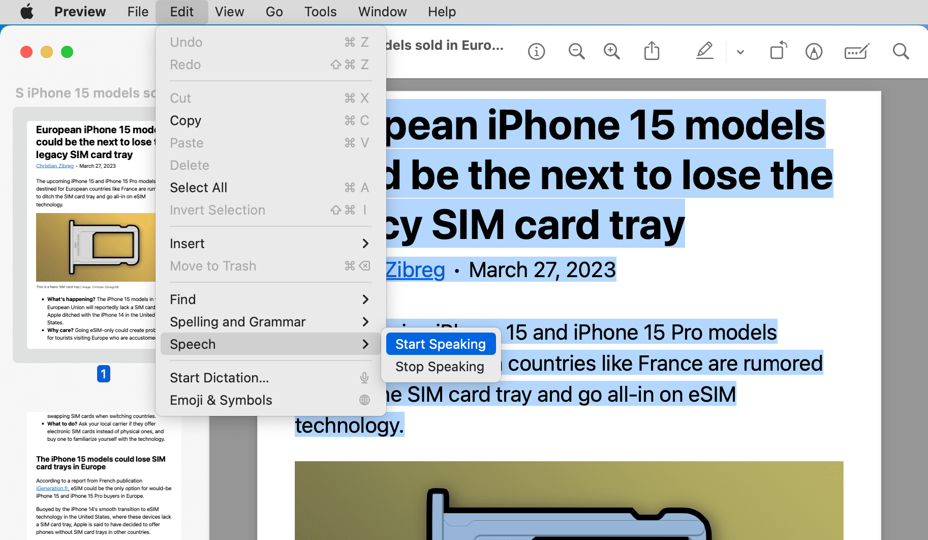 Have the Preview app on Mac read the PDF to you