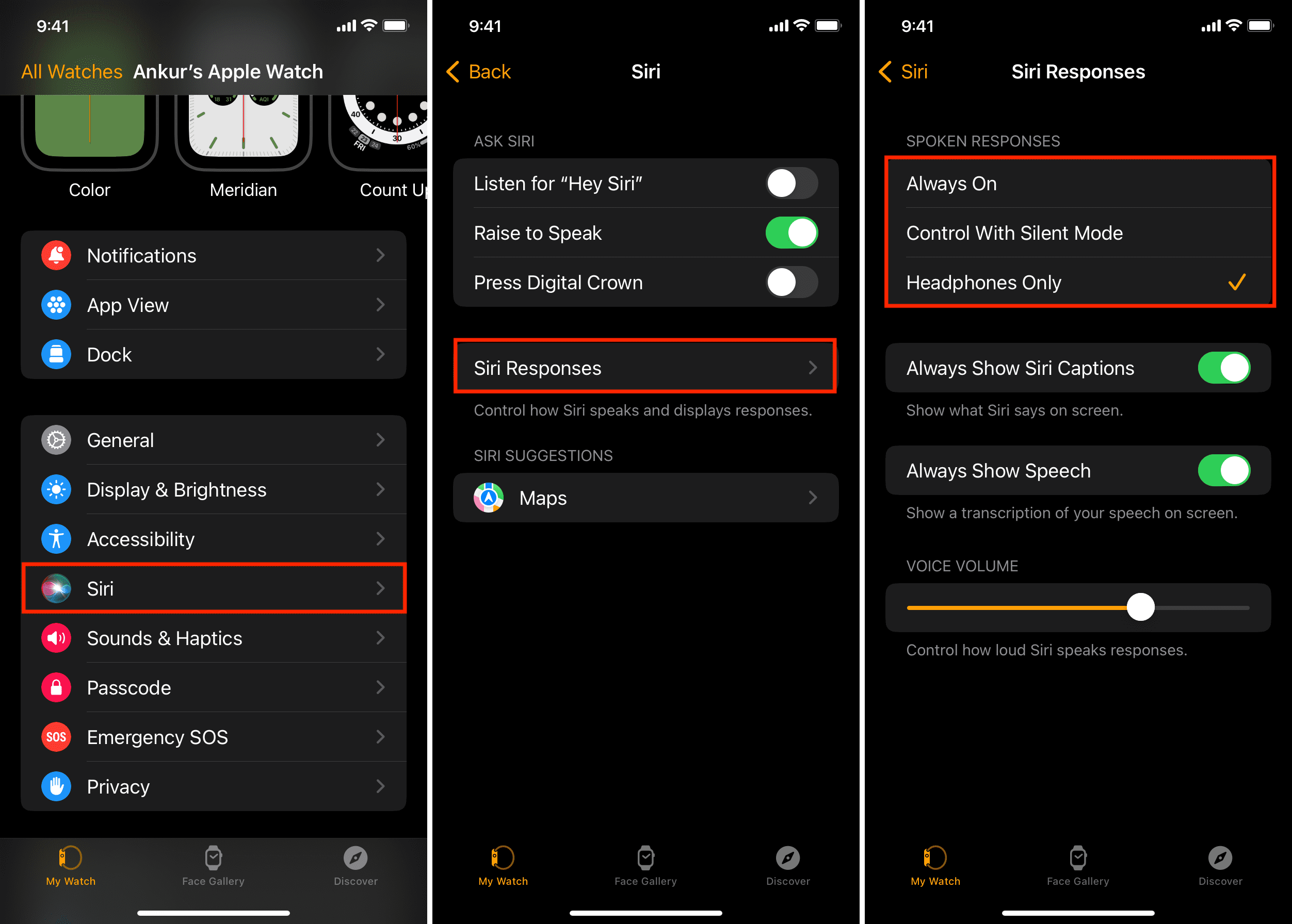 Headphones Only Siri Response in Watch app