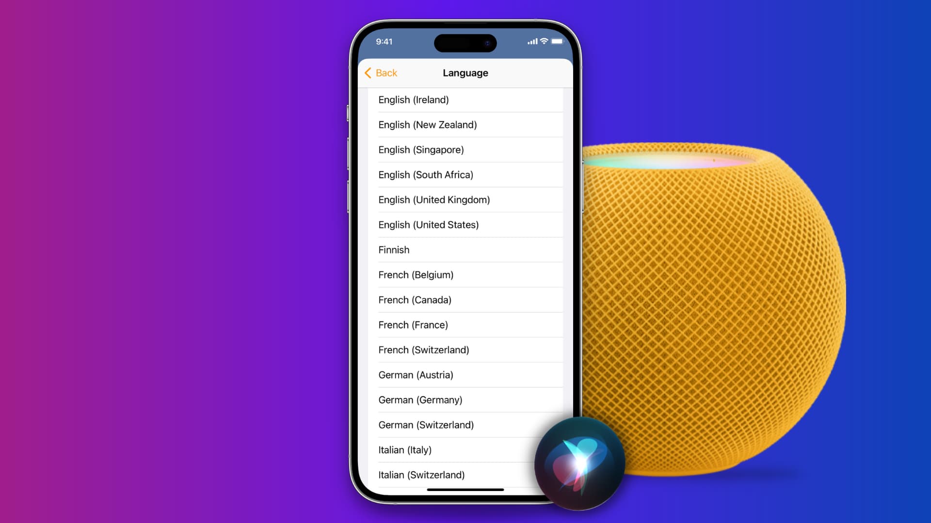iPhone showing Siri languages in Home app with a yellow HomePod mini in the background with a Siri icon