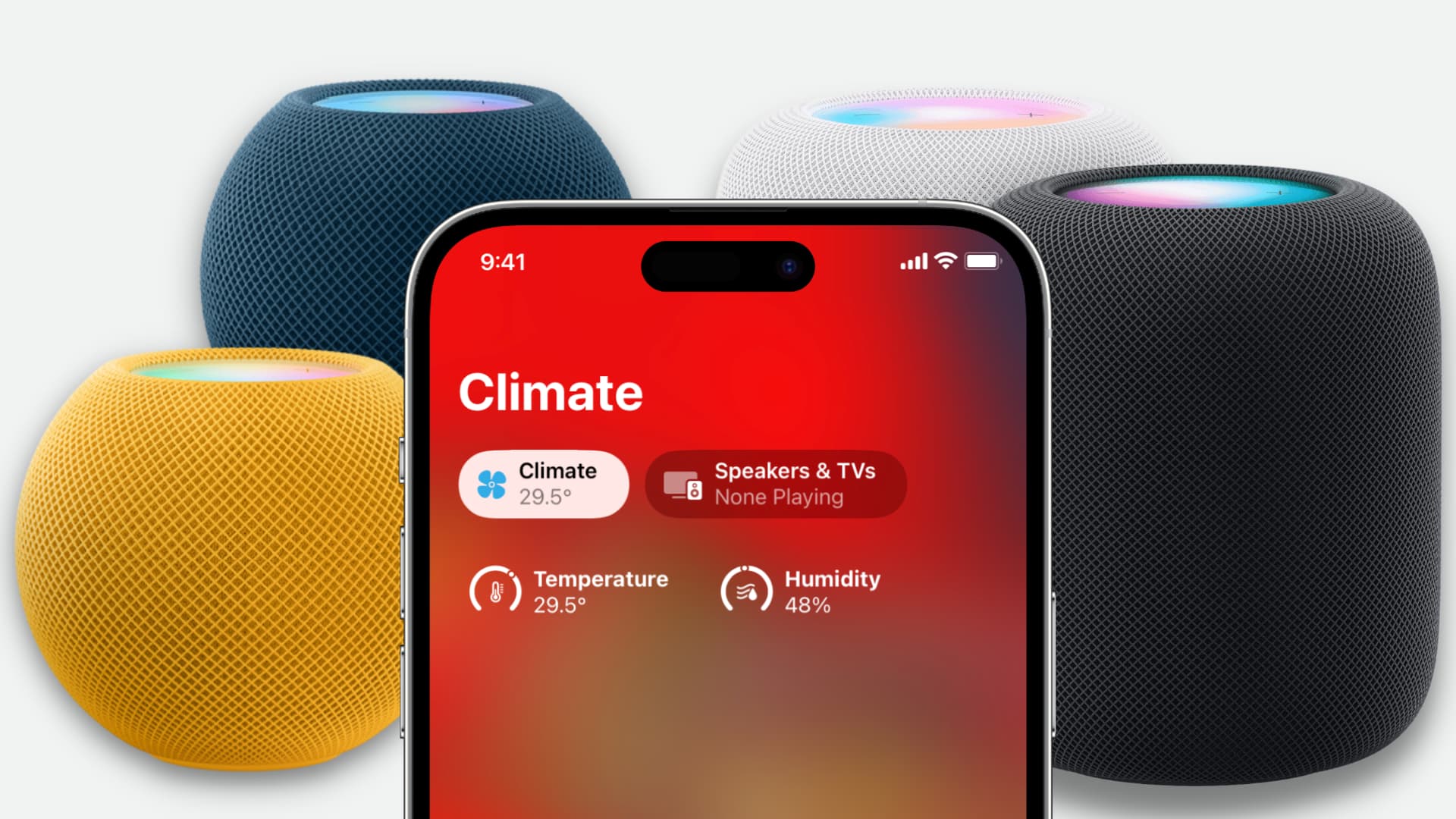 HomePod mini and HomePod 2nd generation showing the temperature and humidity on iPhone