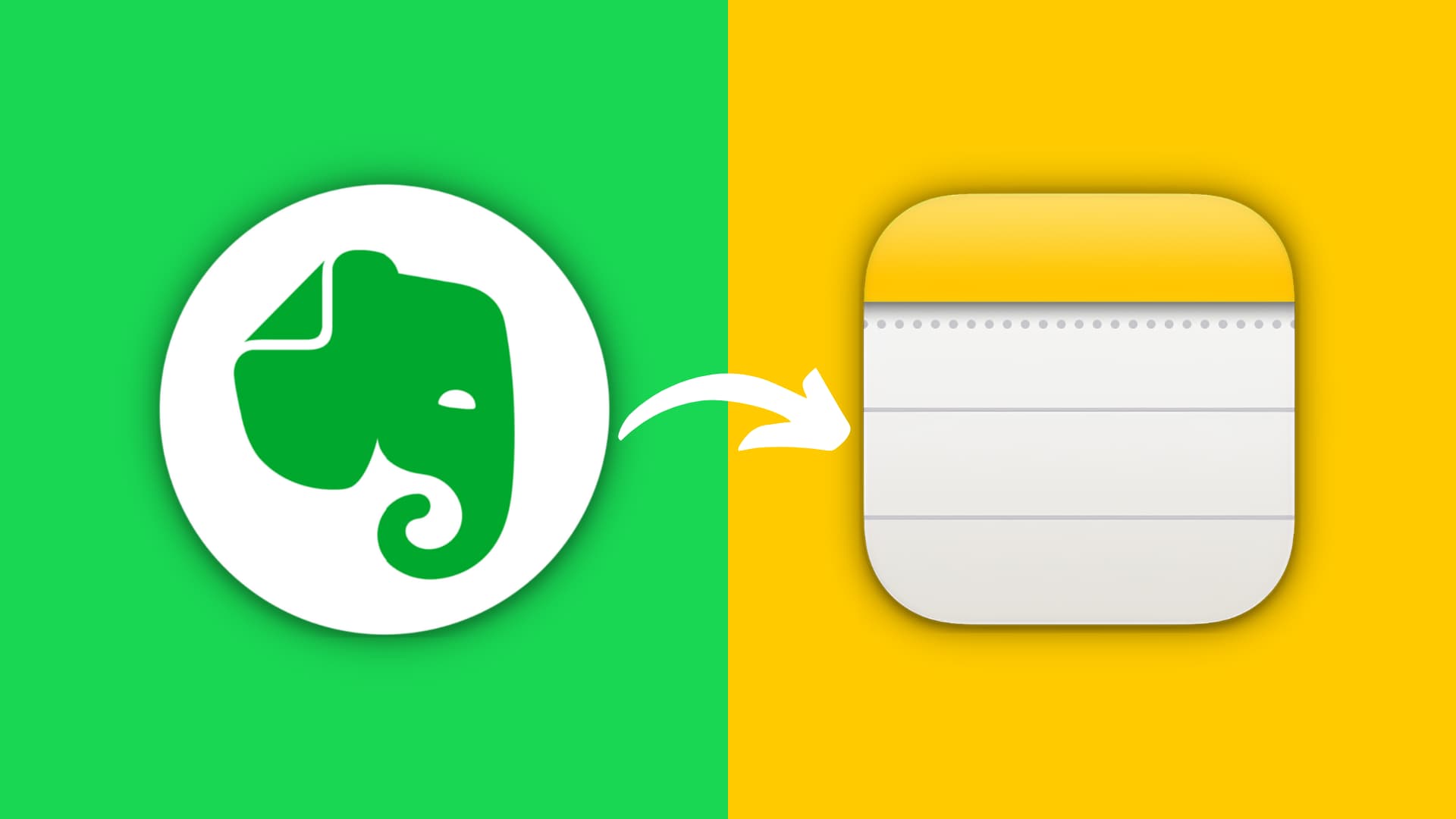 Evernote and Apple Notes app icons with a curved arrow indicating the import of Evernote notes to Apple Notes app