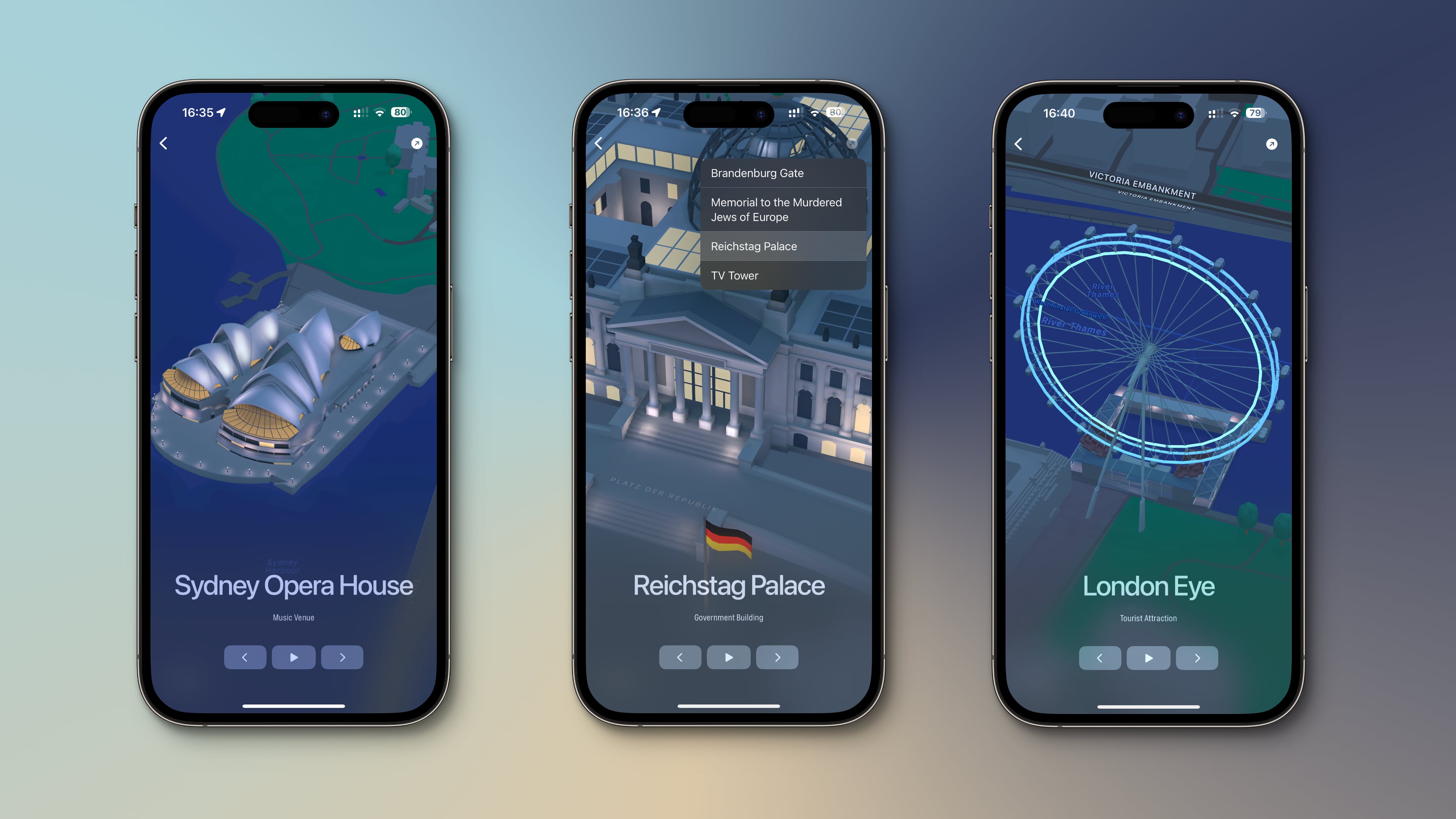 The Landmarks iPhone app showcasing Apple Maps 3D landmarks