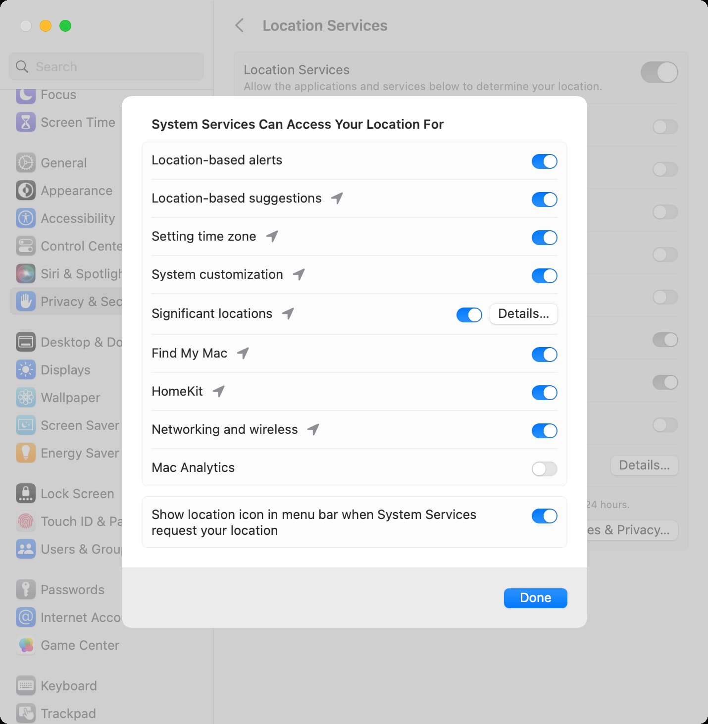 Location settings for System Services on Mac