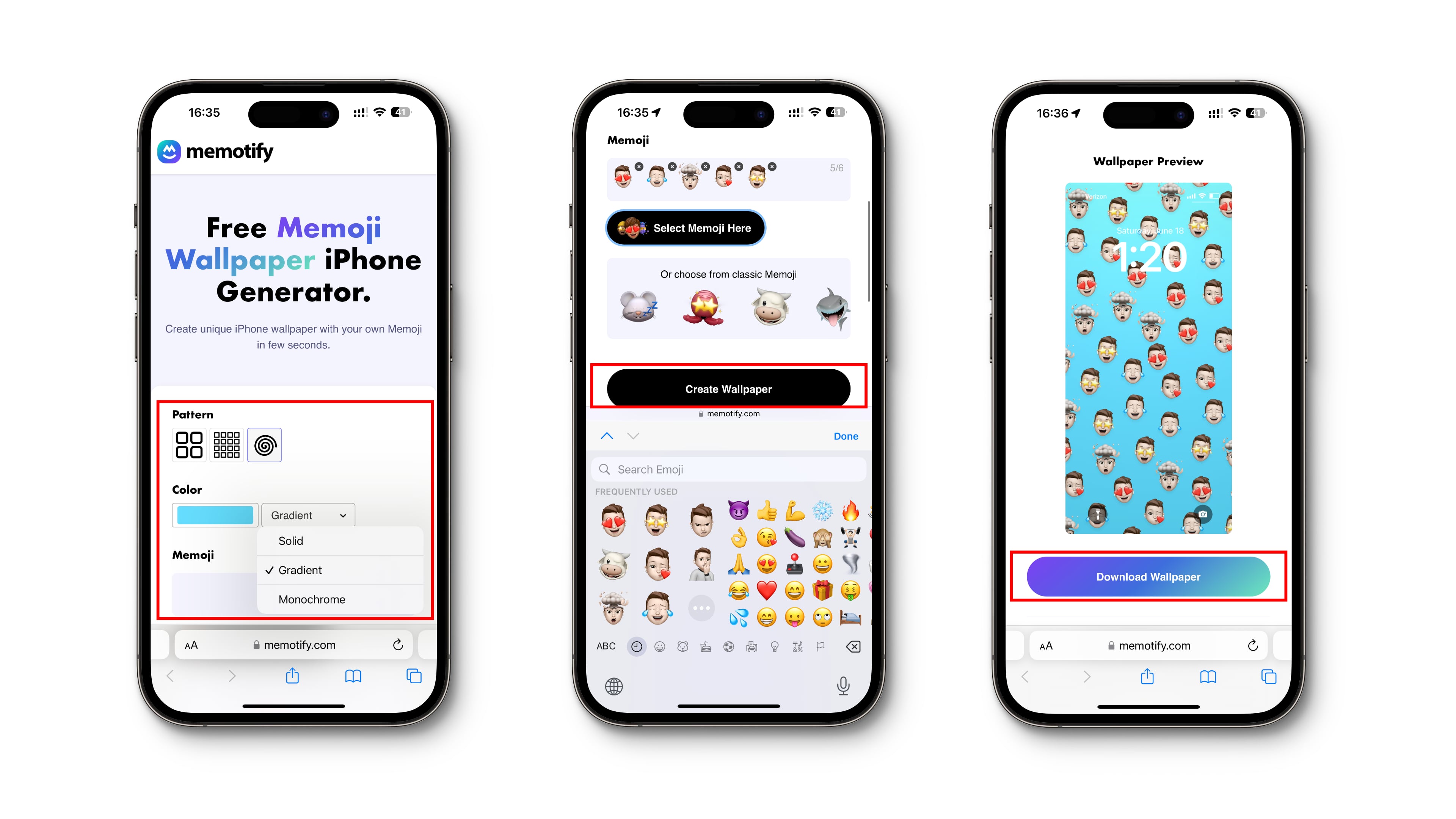 Using the Memotify web app in Safari on iPhone to turn Memoji stickers into an iPhone wallpaper