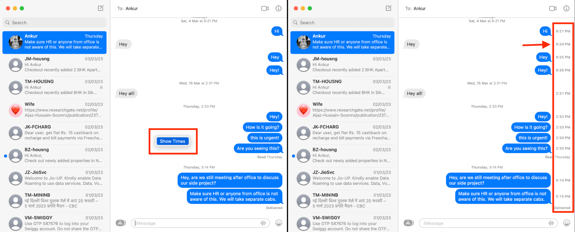 Two screenshots showing how to see timestamp in Messages app on Mac