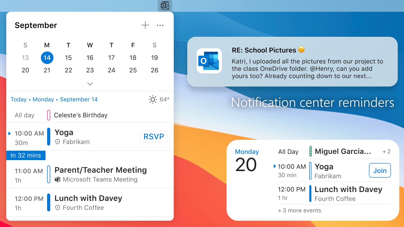 Marketing image showcasing a calendar widget and menu bar peek in Outlook for macOS 