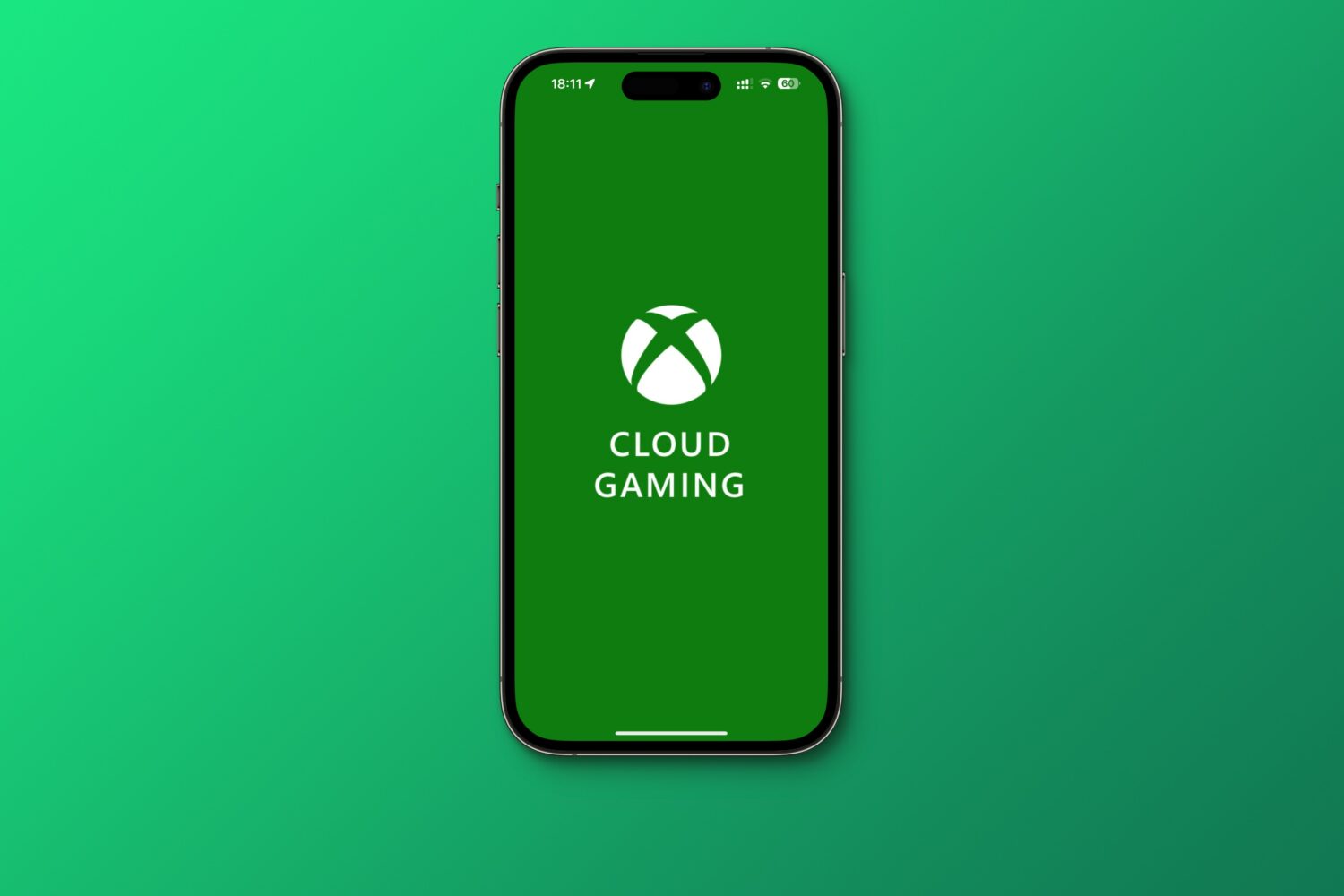 iPhone displaying the Xbox cloud gaming logo on a gradient green background