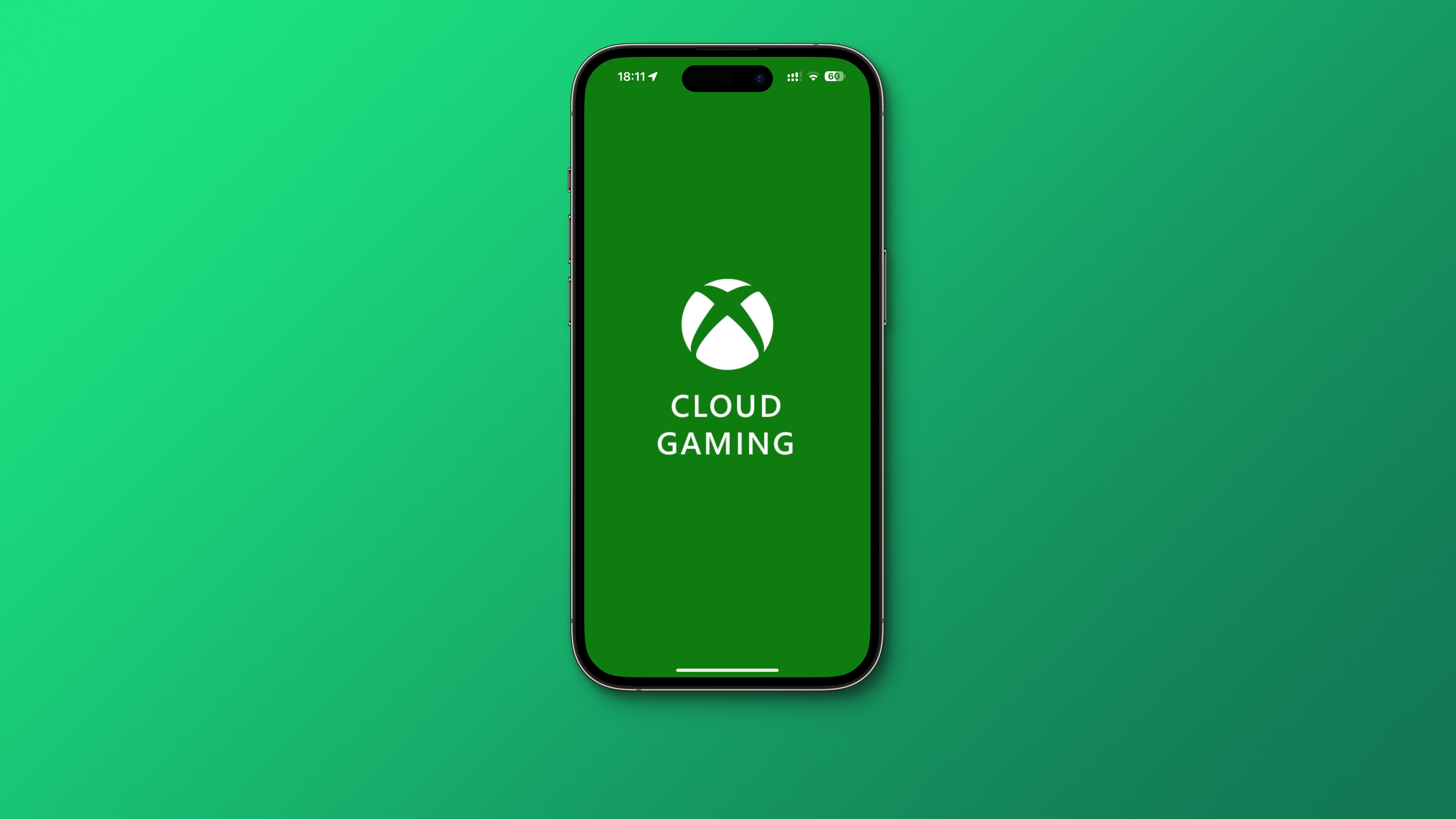 iPhone displaying the Xbox cloud gaming logo on a gradient green background