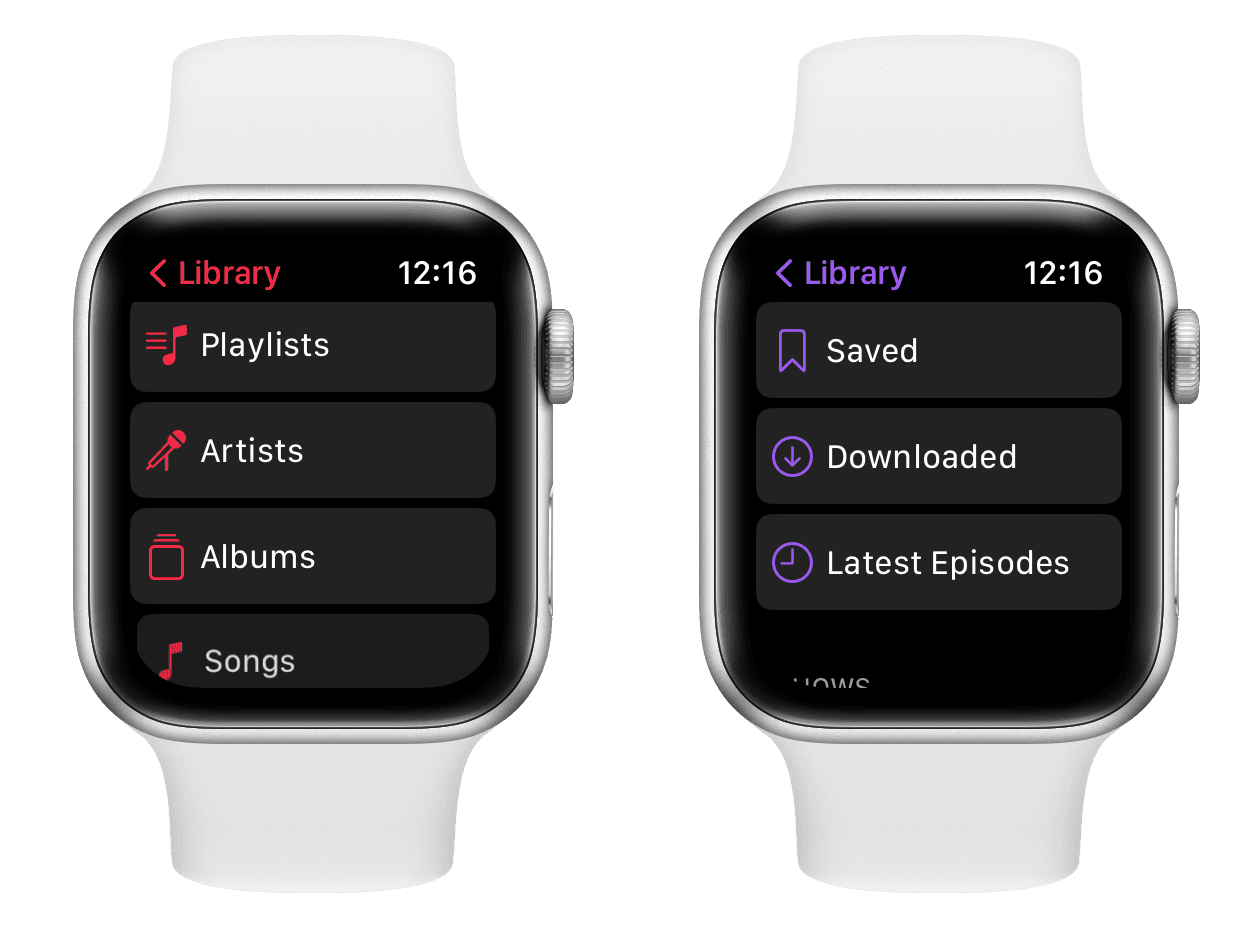 Music and Podcasts app on Apple Watch