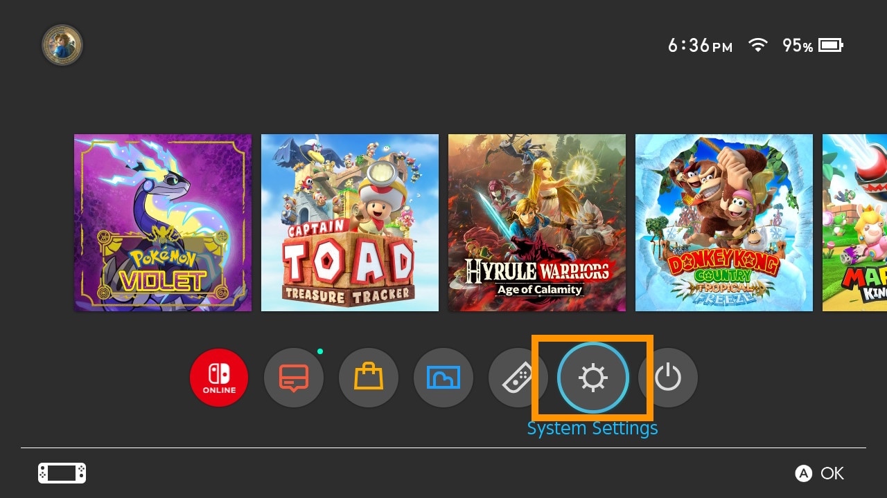 Nintendo Switch home screen system settings.
