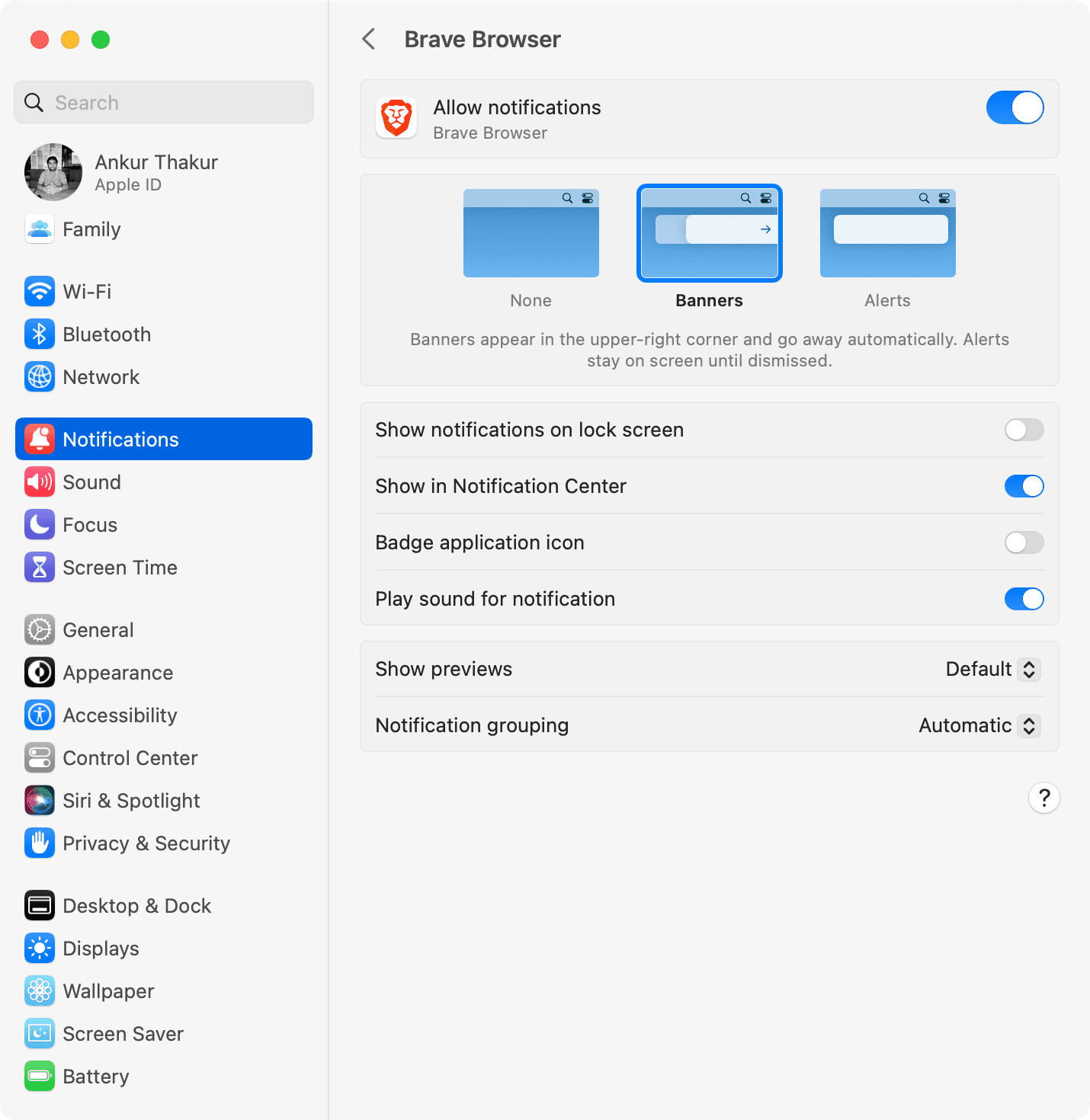 Notification settings for an app on Mac