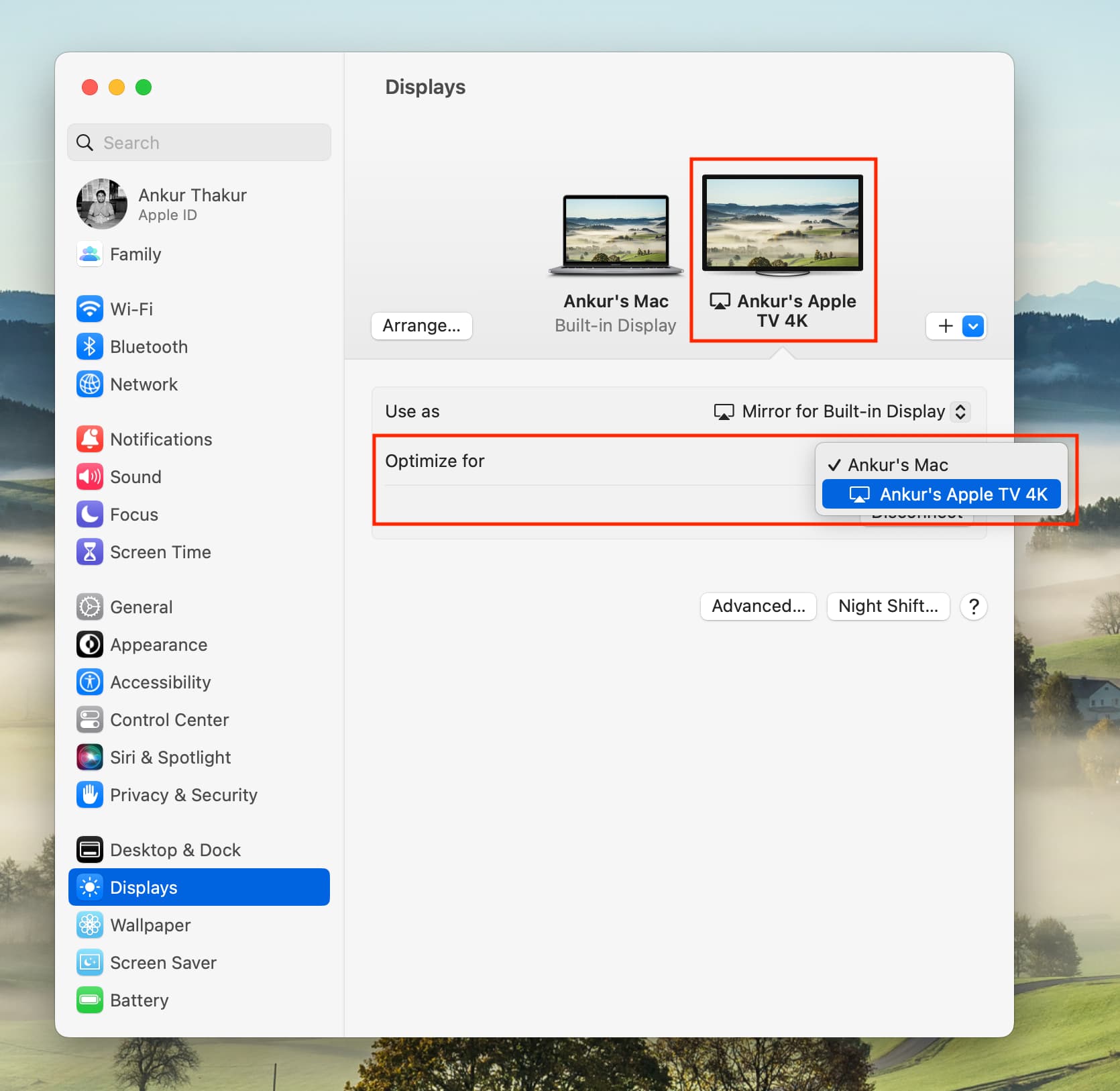 Optimize screen for Mac or Apple TV in Displays settings
