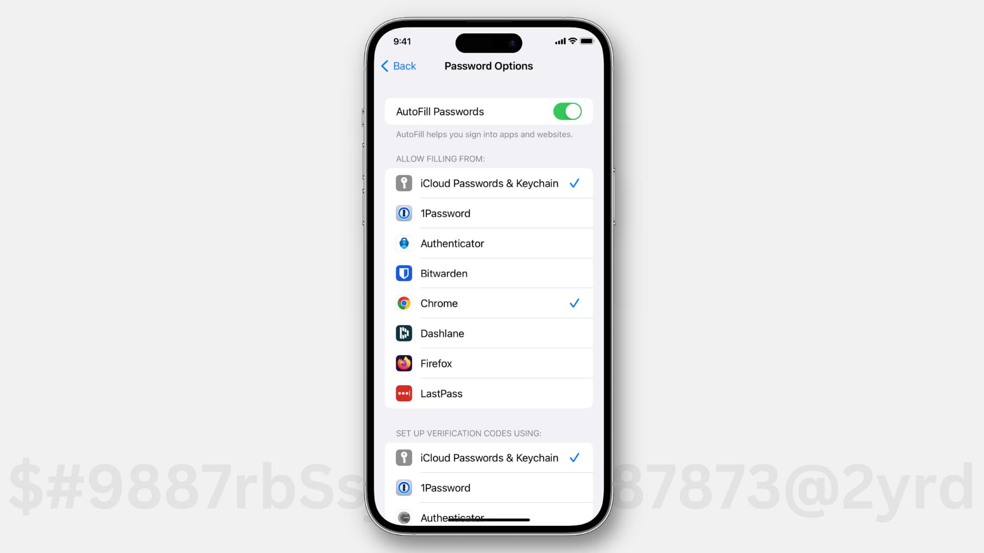 Password autofill options on iPhone showing third-party password manager apps