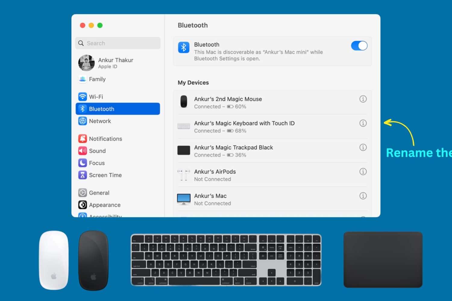 Mac Bluetooth Settings screen showing the new names of Magic Mouse, Magic Keyboard, and Magic Trackpad