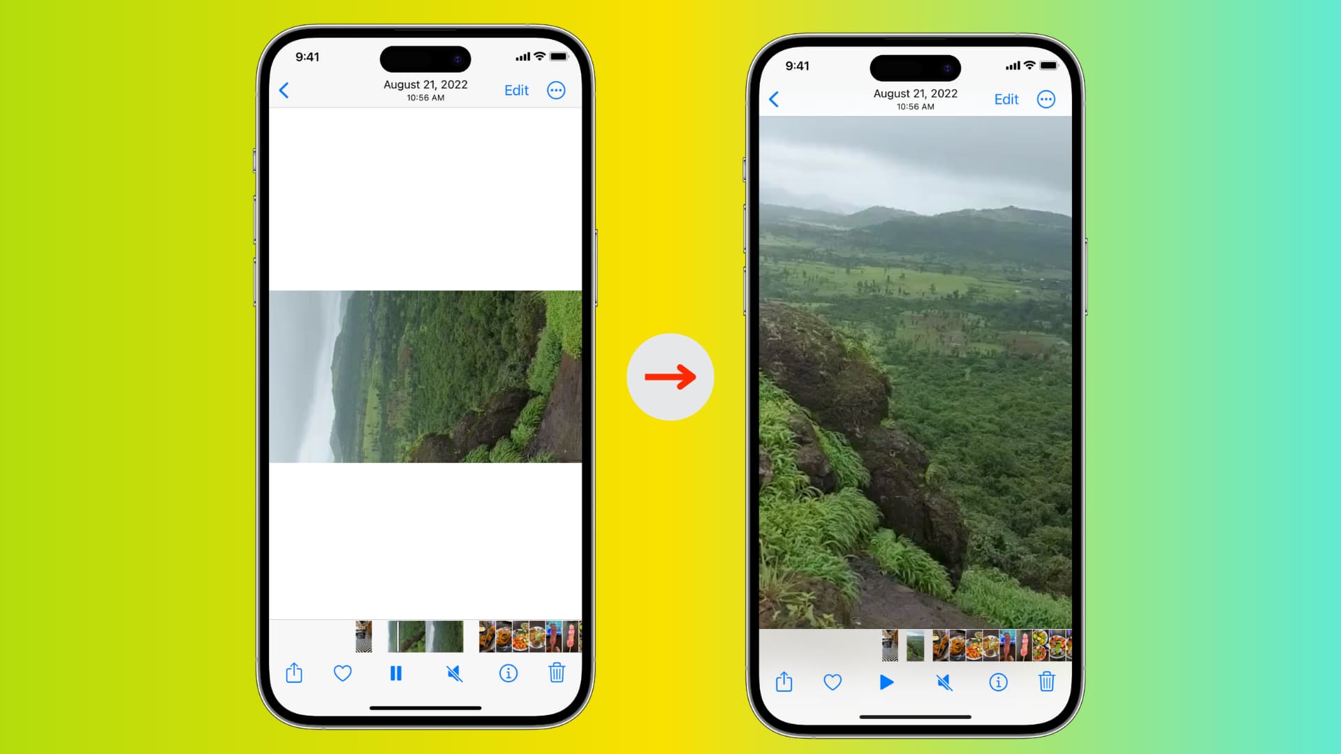 Two iPhone mockups illustrating a rotated video in the Photos app