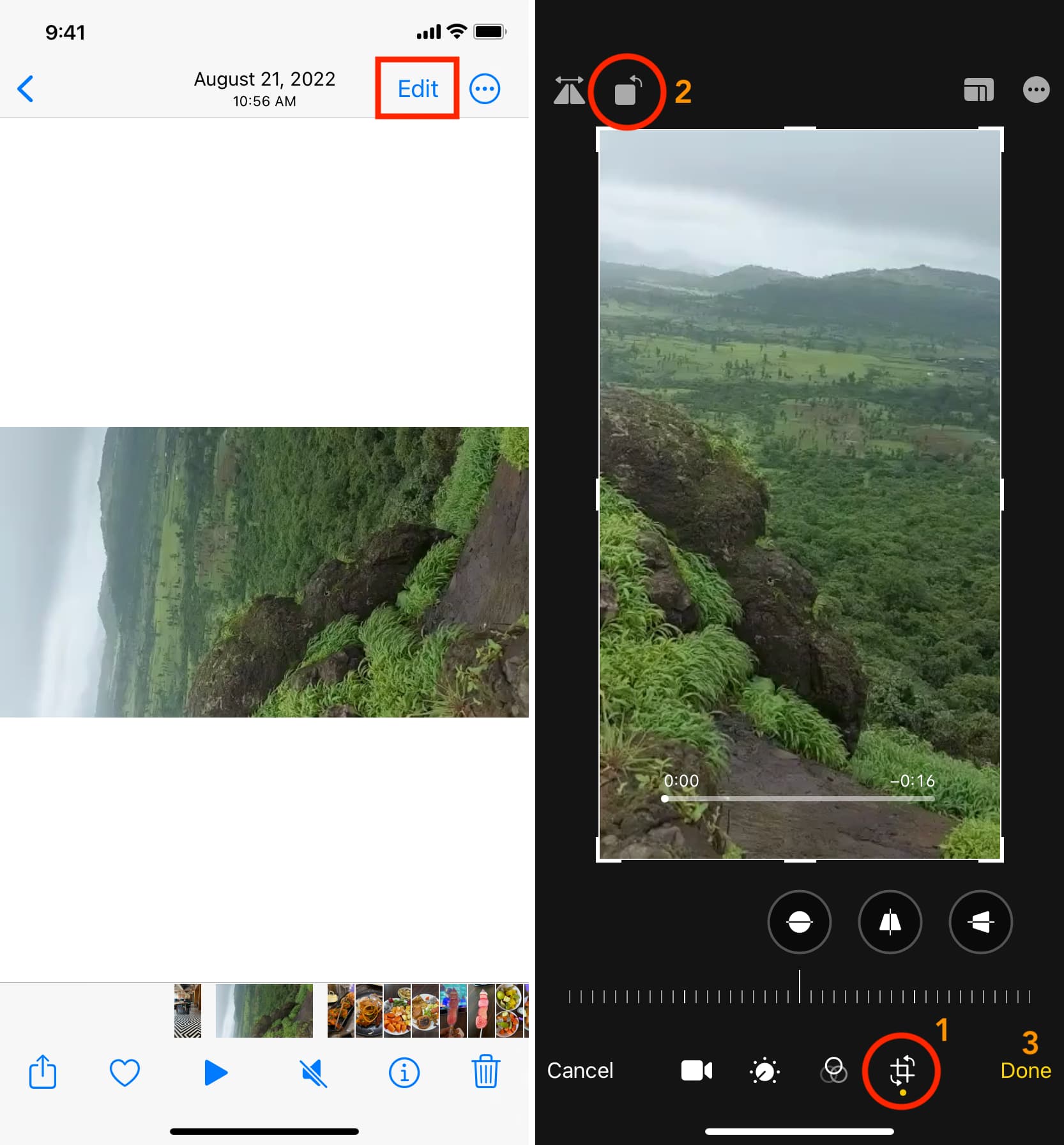 Two highlighted screenshots showing how to rotate a video in iPhone Photos app