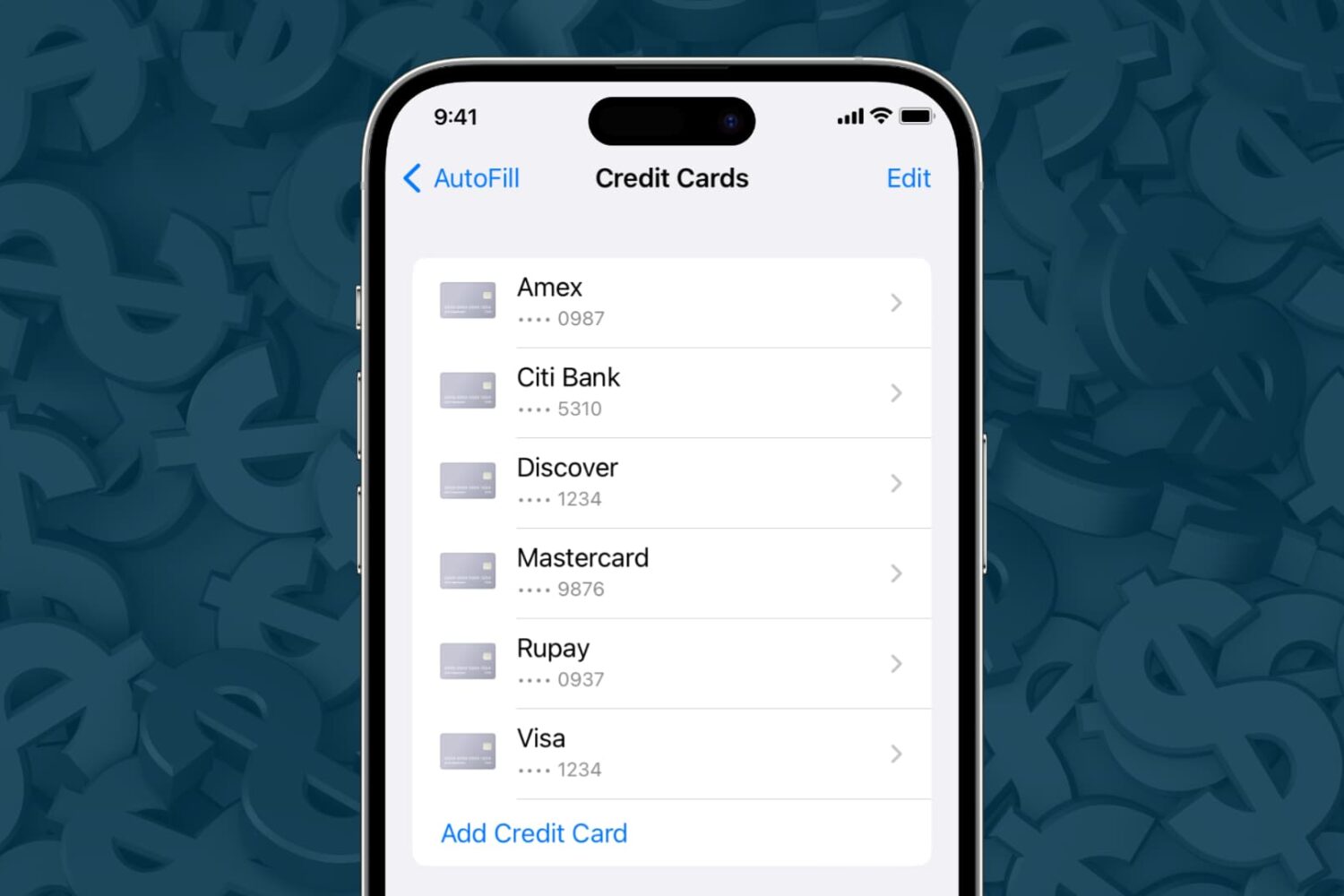 iPhone showing saved credit cards from Visa, Mastercard, Discover, Rupay, and Citi bank