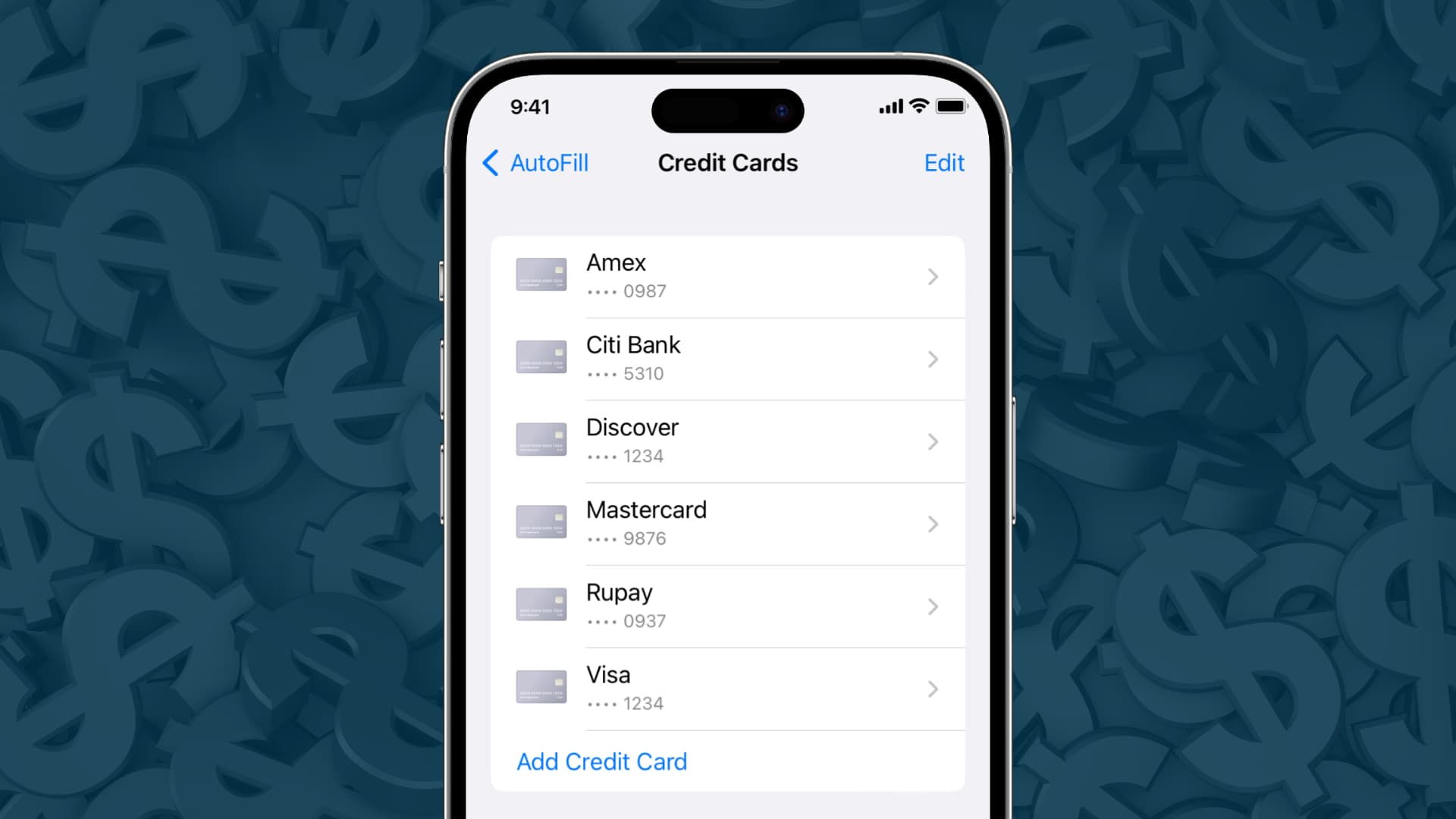 iPhone showing saved credit cards from Visa, Mastercard, Discover, Amex, Rupay, and Citi bank