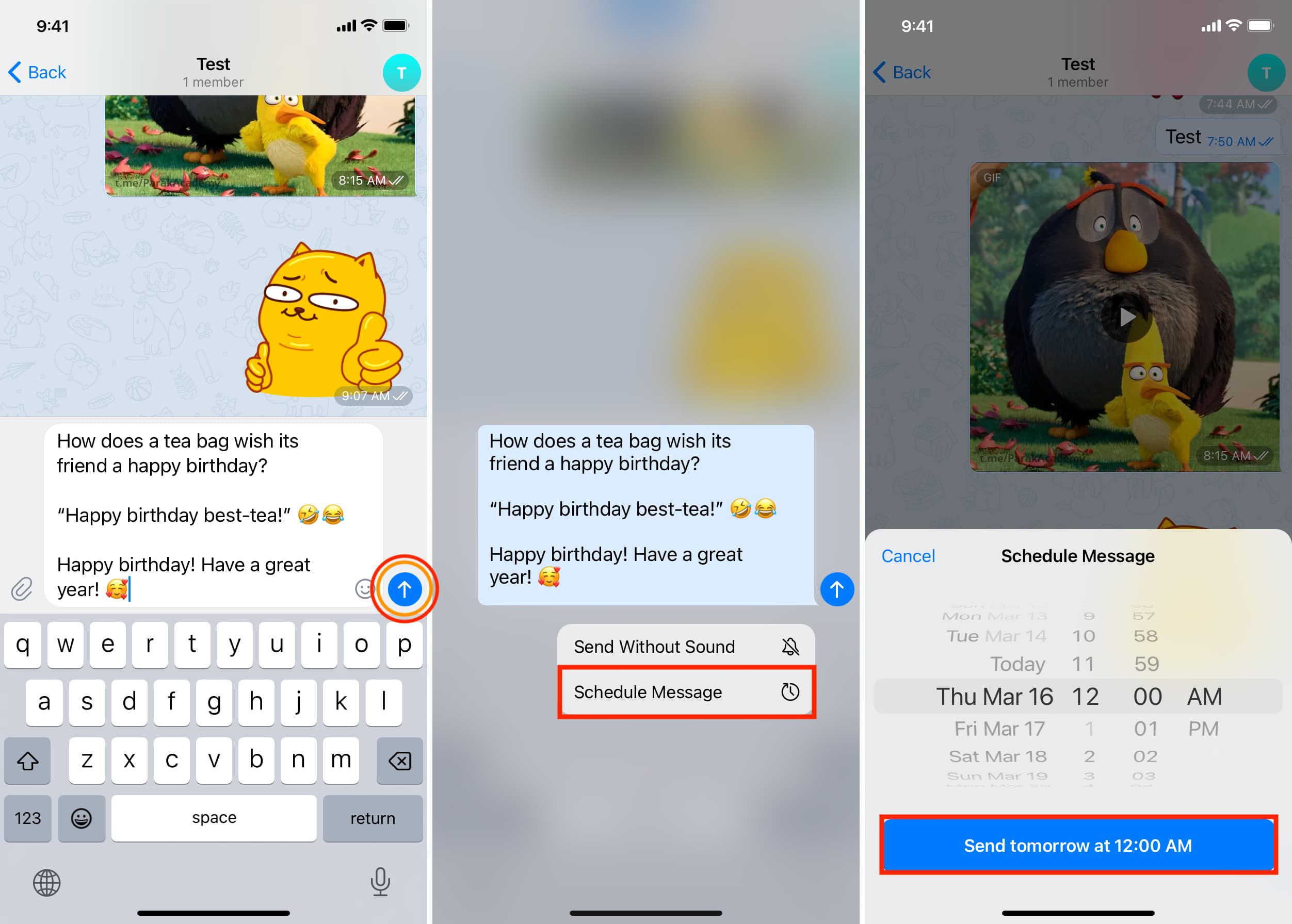 Three highlighted screenshots showing how to schedule message in Telegram app
