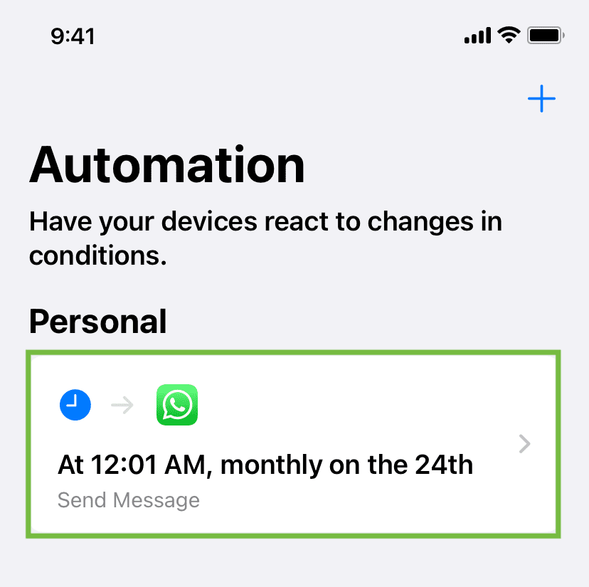 Scheduled WhatsApp message automation created on iPhone