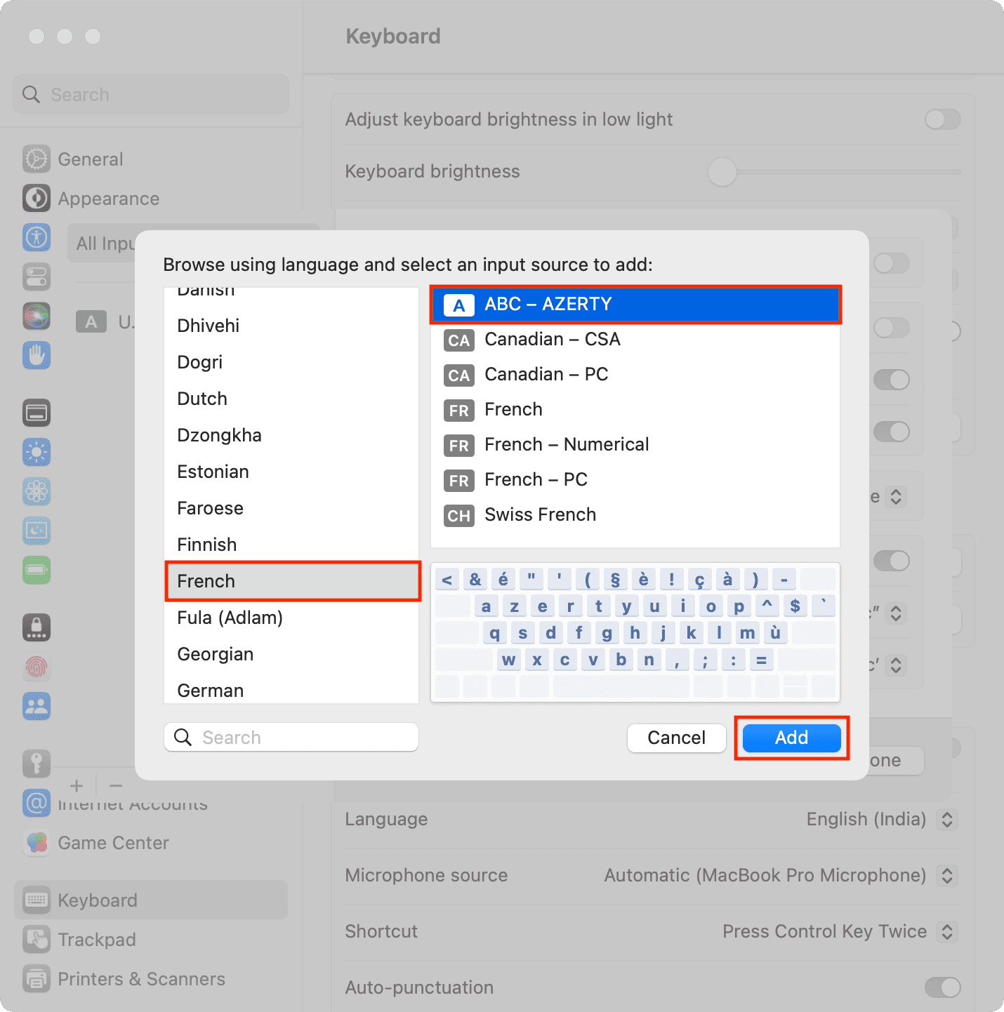Select French AZERTY in Mac Keyboard settings
