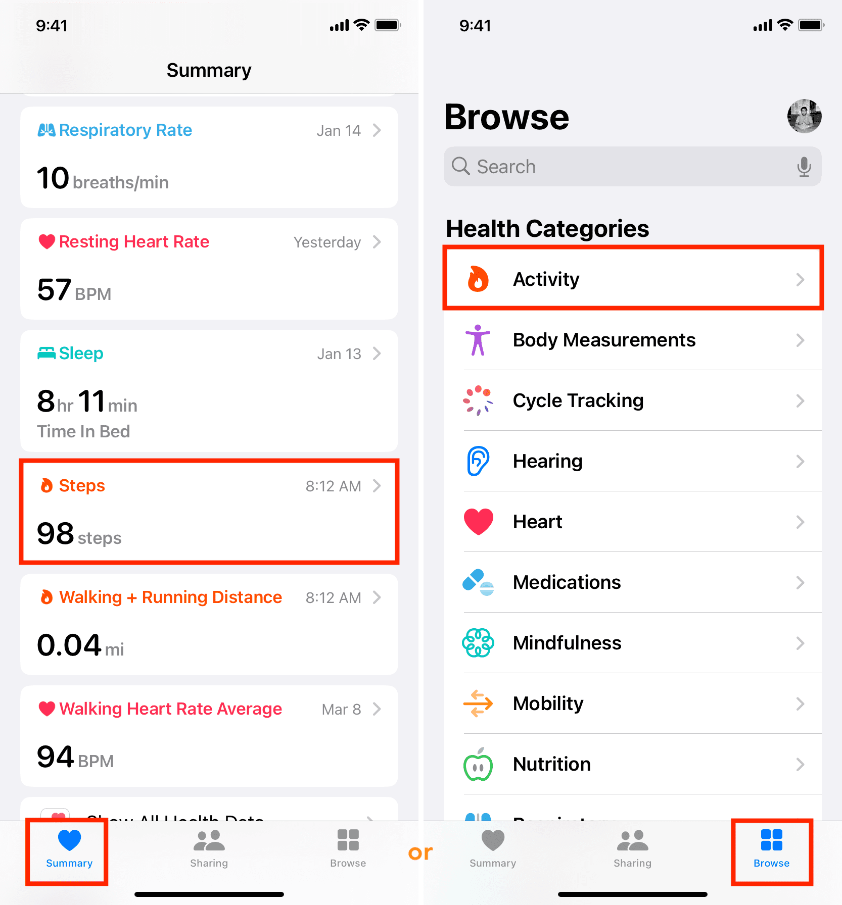Select Steps in iPhone Health app
