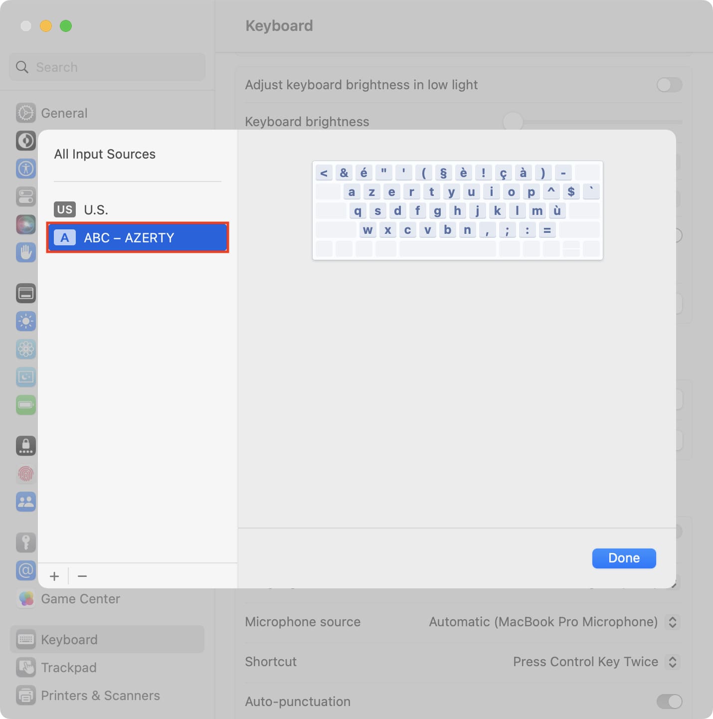 Select and use other keyboard on Mac