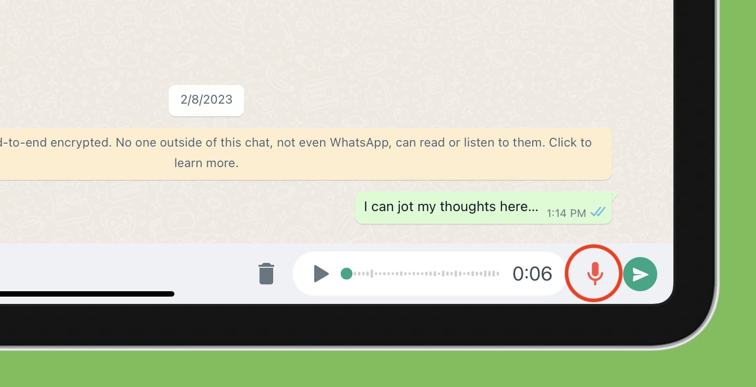 Send voice note via WhatsApp on iPad