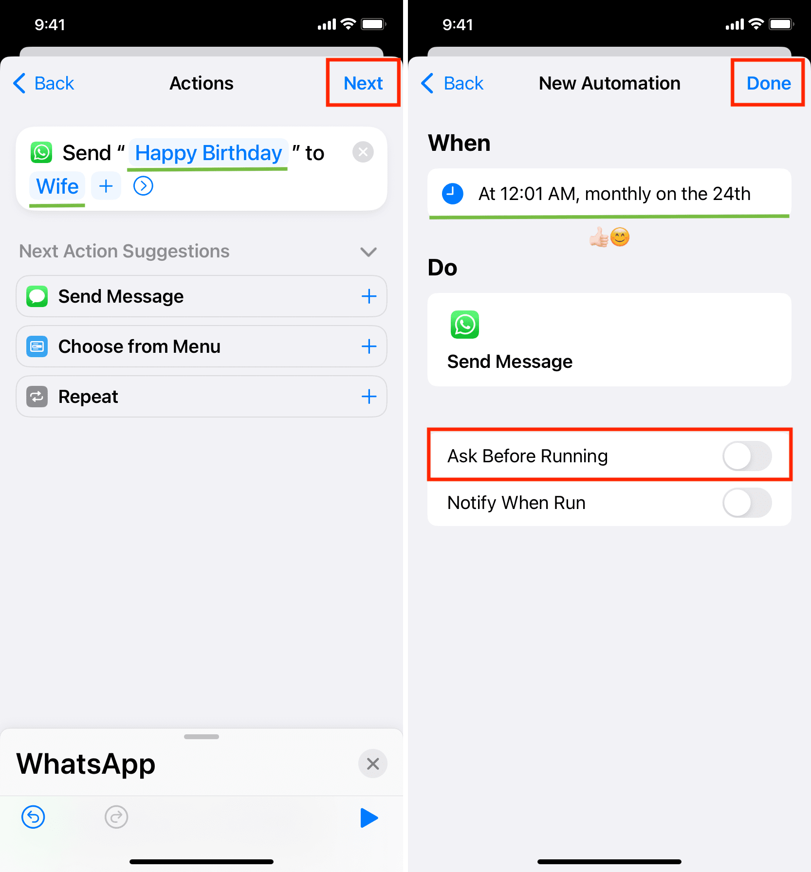 Set scheduled WhatsApp message automation to run without asking