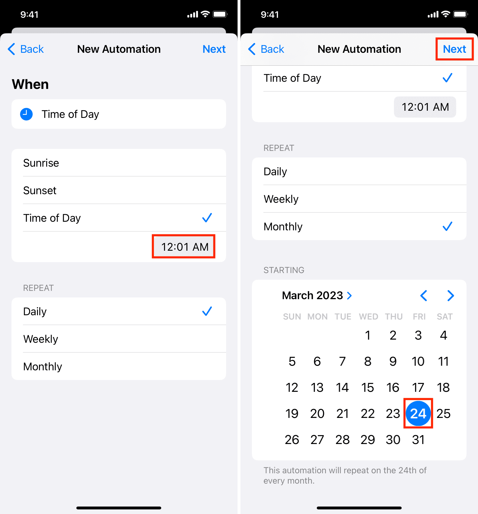 Set time and date for automation on iPhone