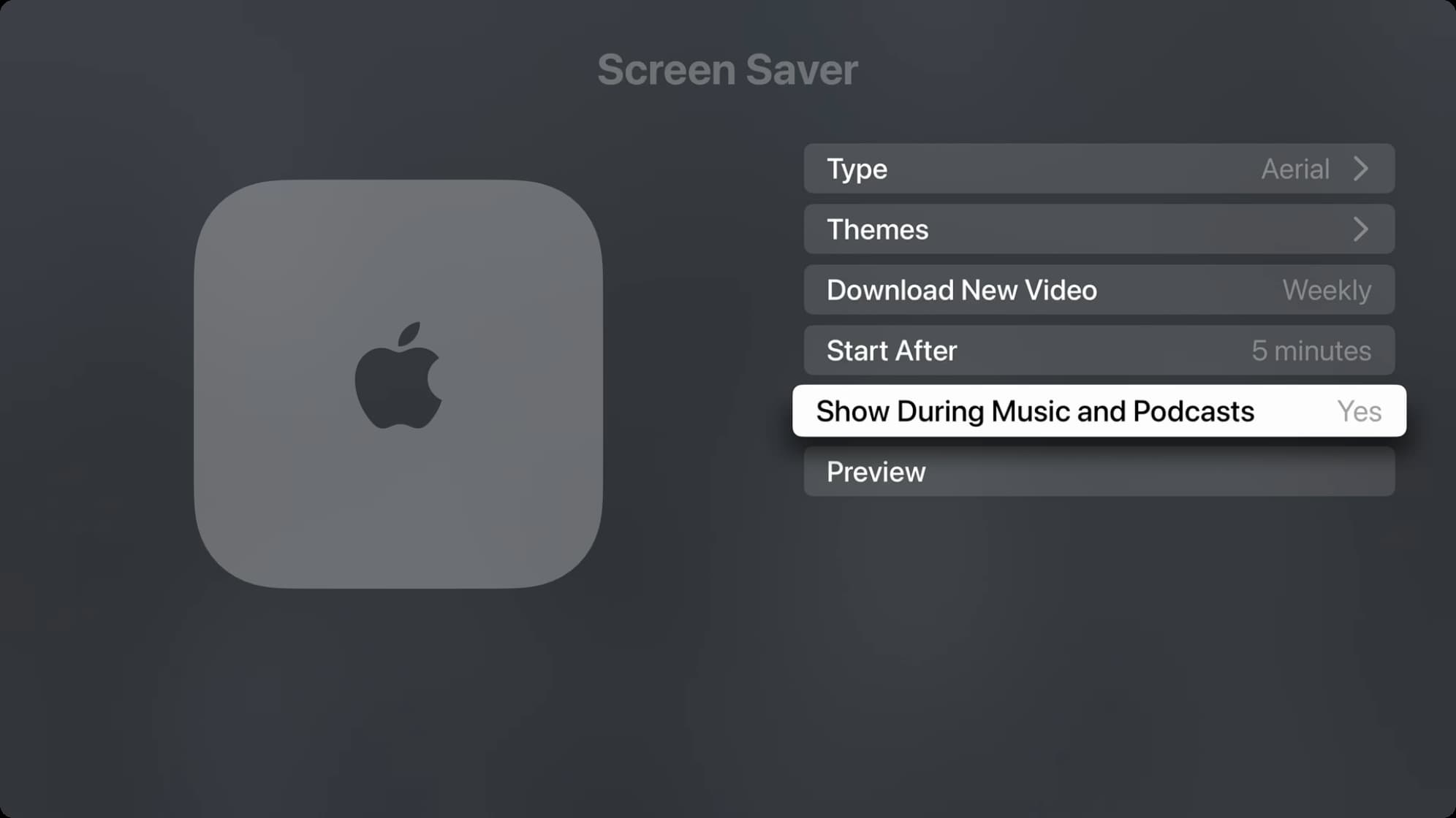 Show During Music and Podcasts in Screen Saver settings