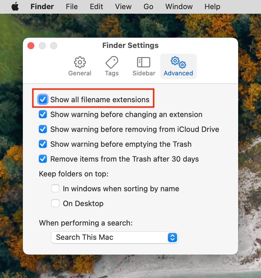 Show all filename extensions in Finder on Mac