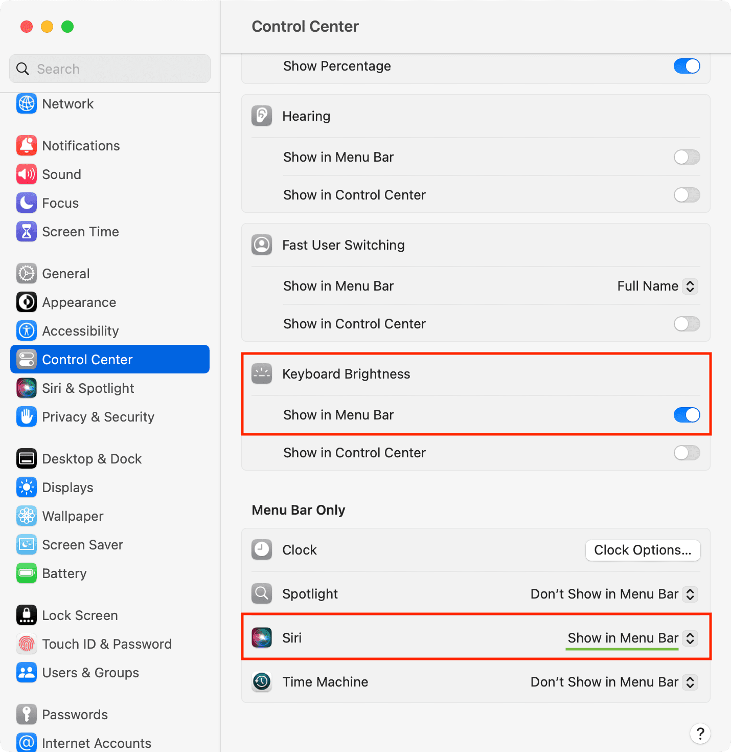 Show keyboard brightness and Siri in Mac menu bar