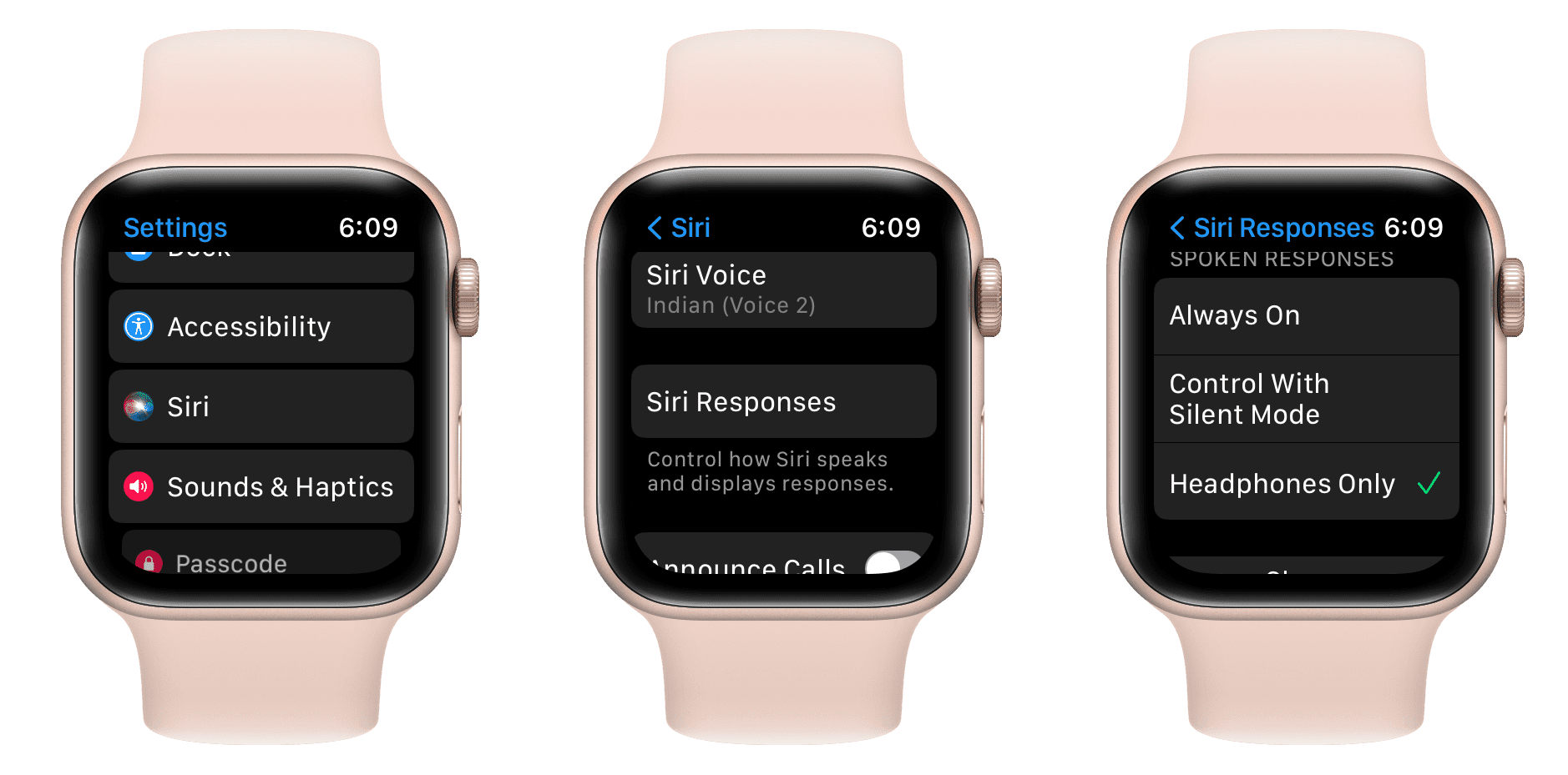 Siri Responses settings on Apple Watch