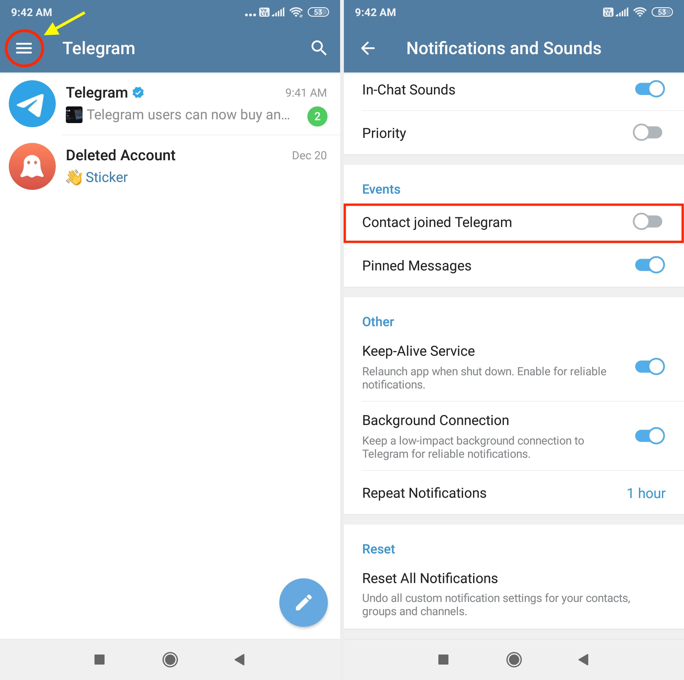 Stop Contact joined Telegram notification on Android phone