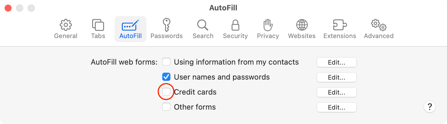 Stop credit card autofill in Safari on Mac