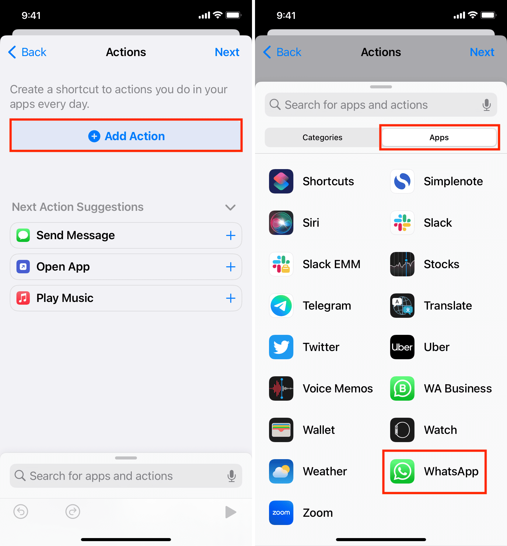 Tap Add Action and select WhatsApp from the apps section