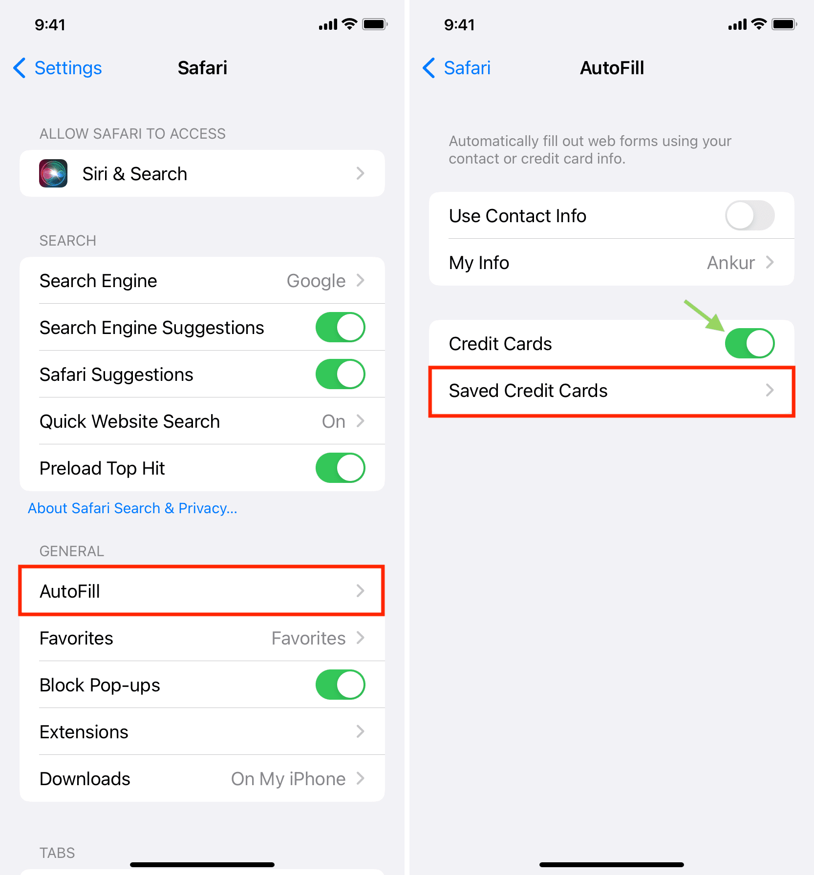 Tap Saved Credit Cards in Safari Autofill settings on iPhone
