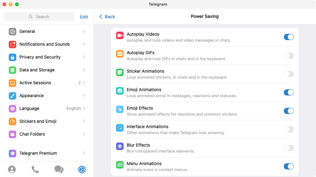 Adjusting visual effects in Telegram for macOS's settings