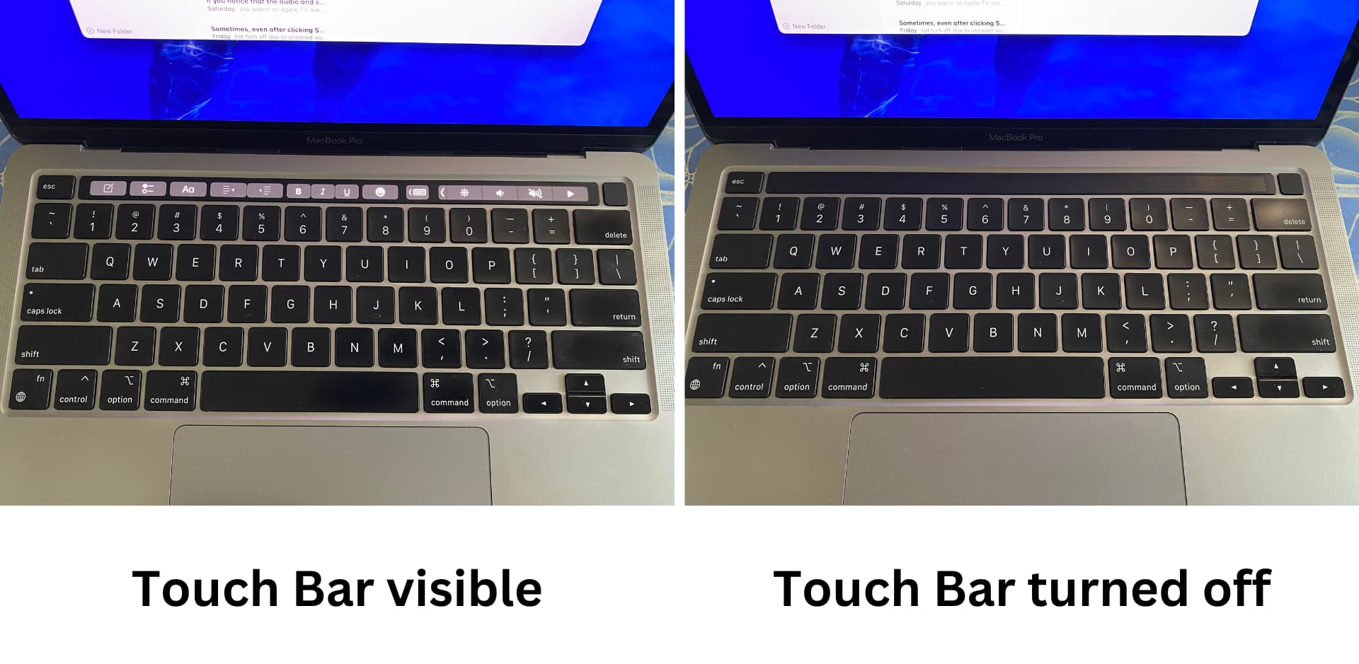 Two MacBook Pro images with one showing the active Touch Bar with its buttons and one with Touch Bar disabled