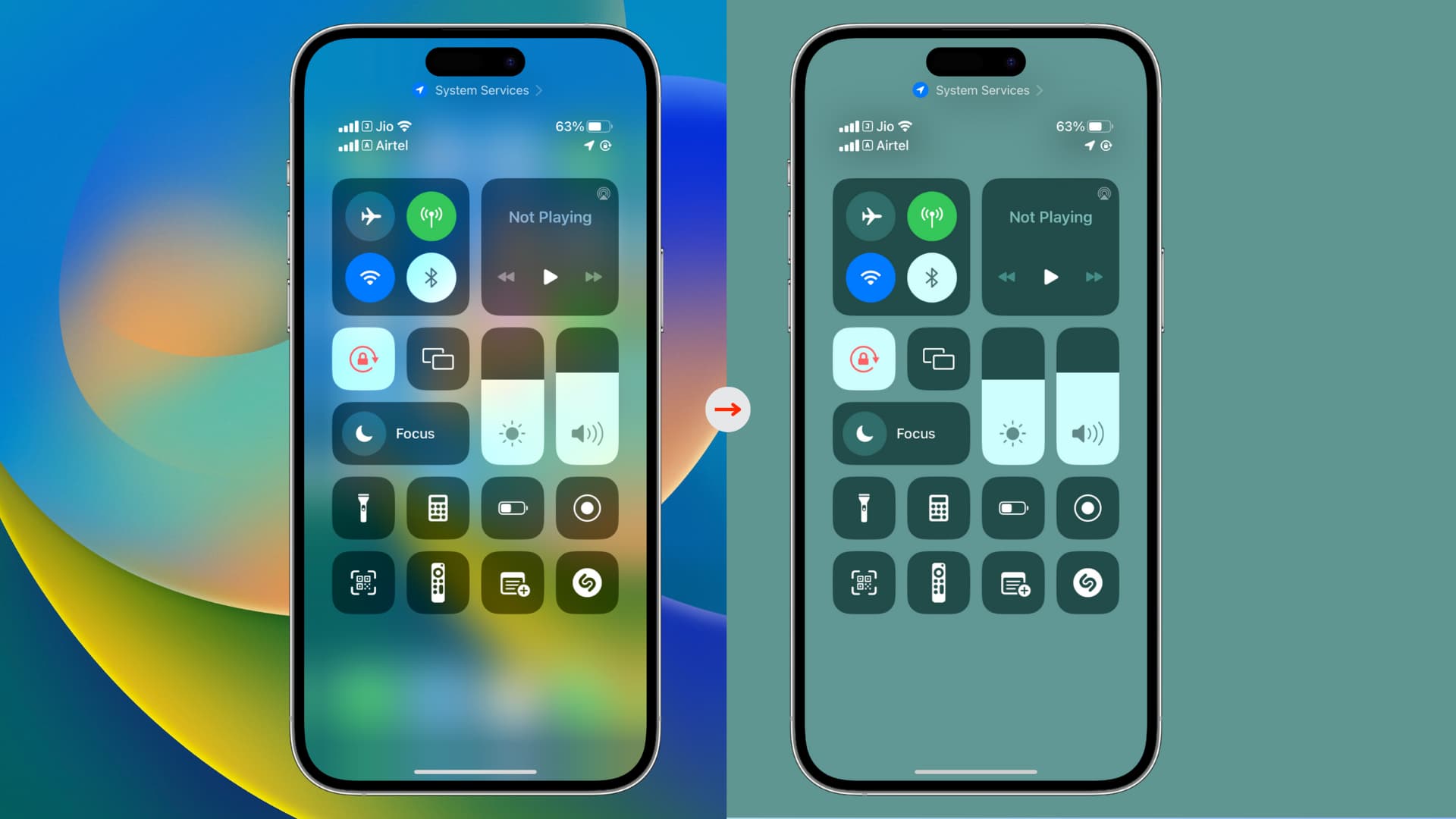 Two iPhone mockups with one showing how it looks normally and the other showing how it looks with reduce transparency turned on